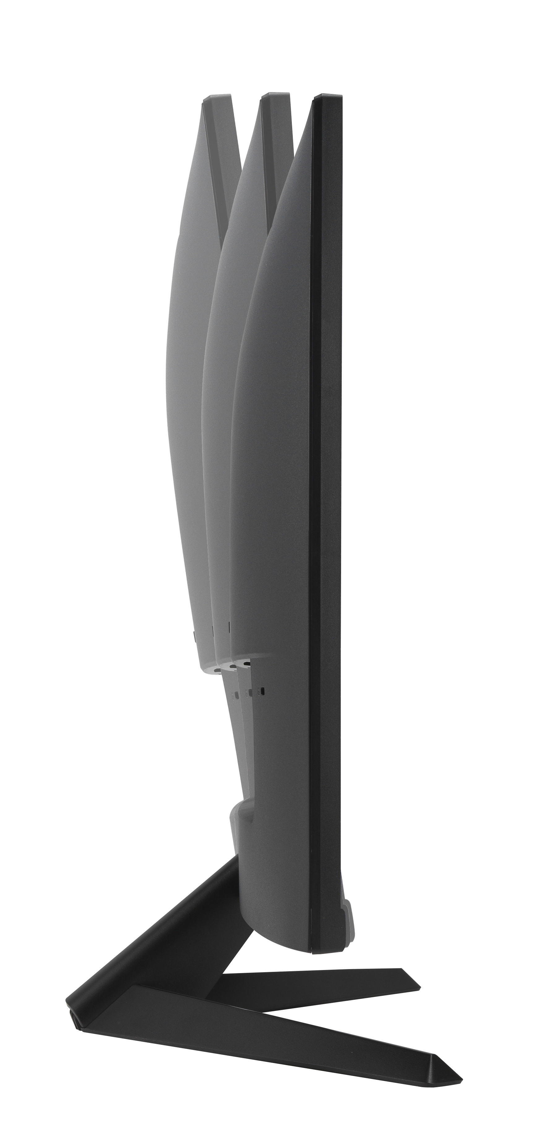 Czarny monitor komputerowy na podstawie, widok pod kątem. Pokazuje ekran i szczegóły podstawy.