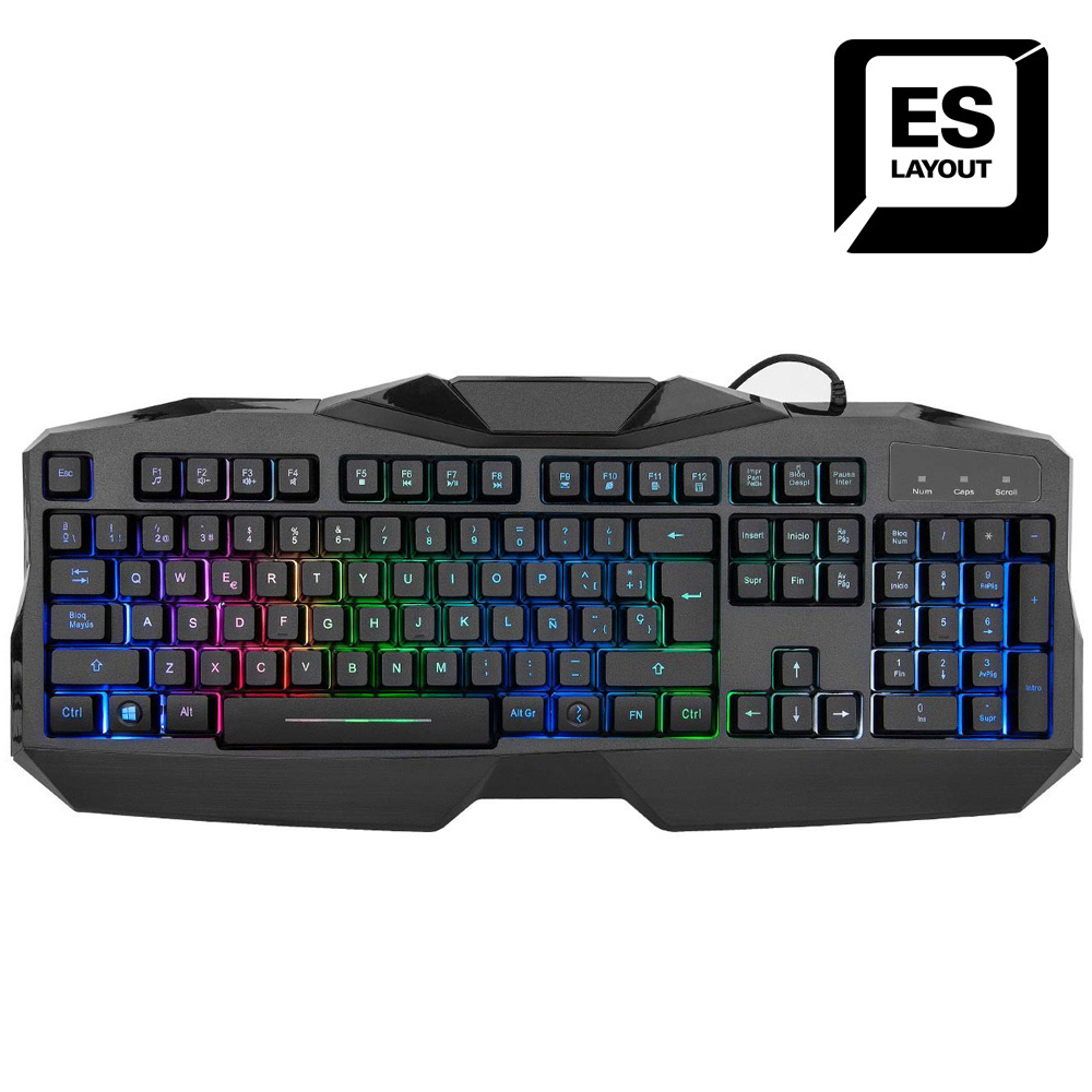Teclado gaming negro y colorido con distribución ES. Vista cenital sobre blanco.