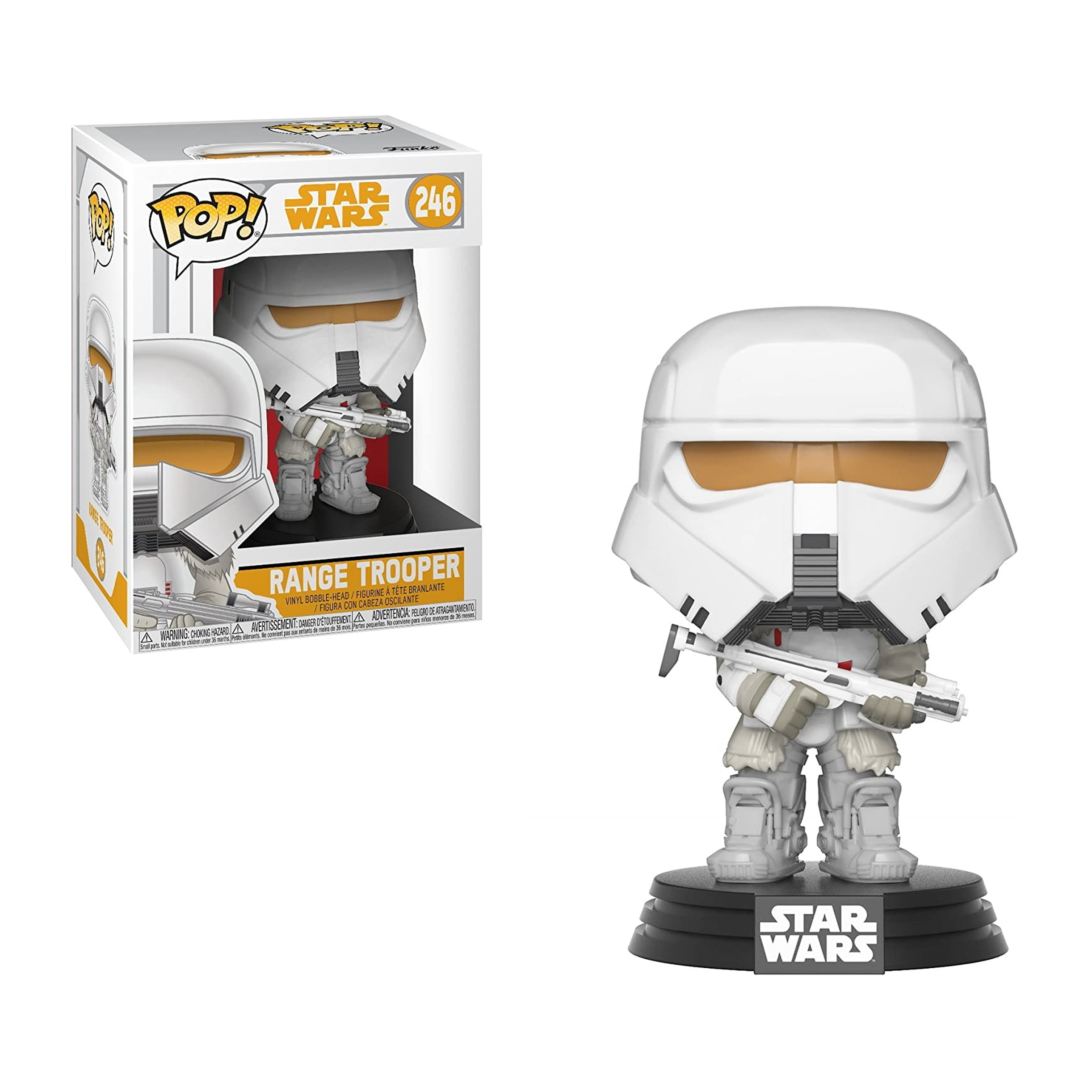 Eine Range Trooper Funko Pop Figur in einer Box. Die Figur ist weiß, hat einen Blaster und steht auf einem Sockel.