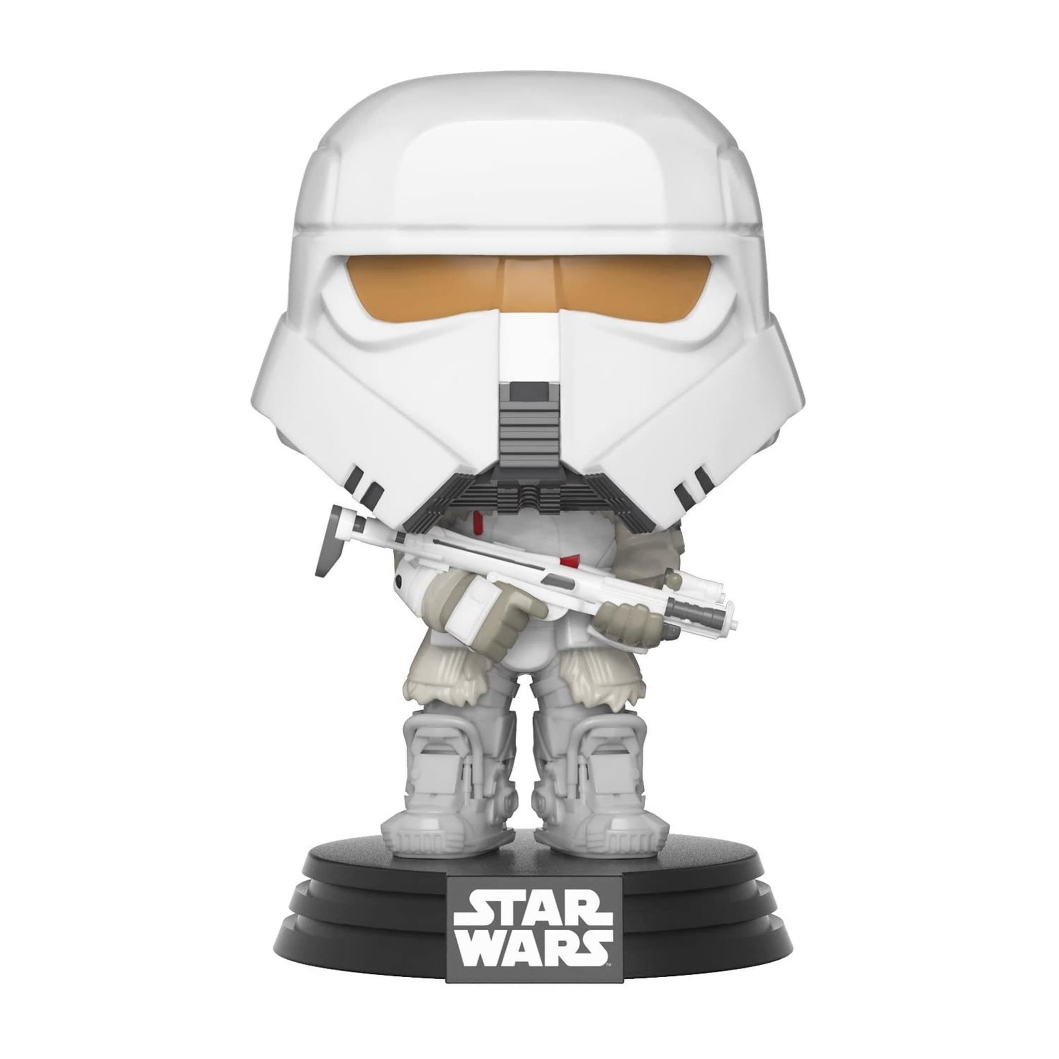 Snowtrooper Funko Pop Figur mit Gewehr. Weiße Rüstung, Helm und schwarze Basis mit Star Wars Logo.