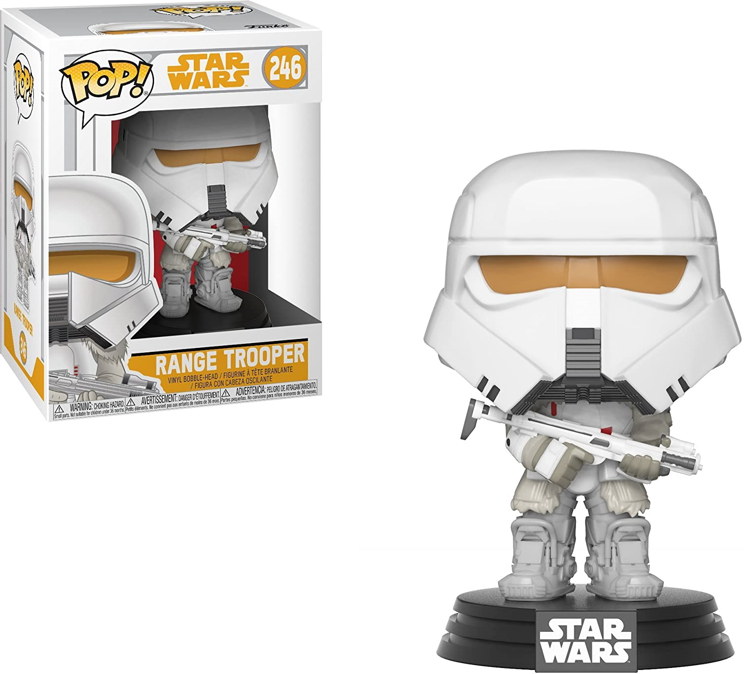 Funko Pop eines weißhelming Range Troopers mit einer Waffe. Die Figur steht auf einer schwarzen Basis.