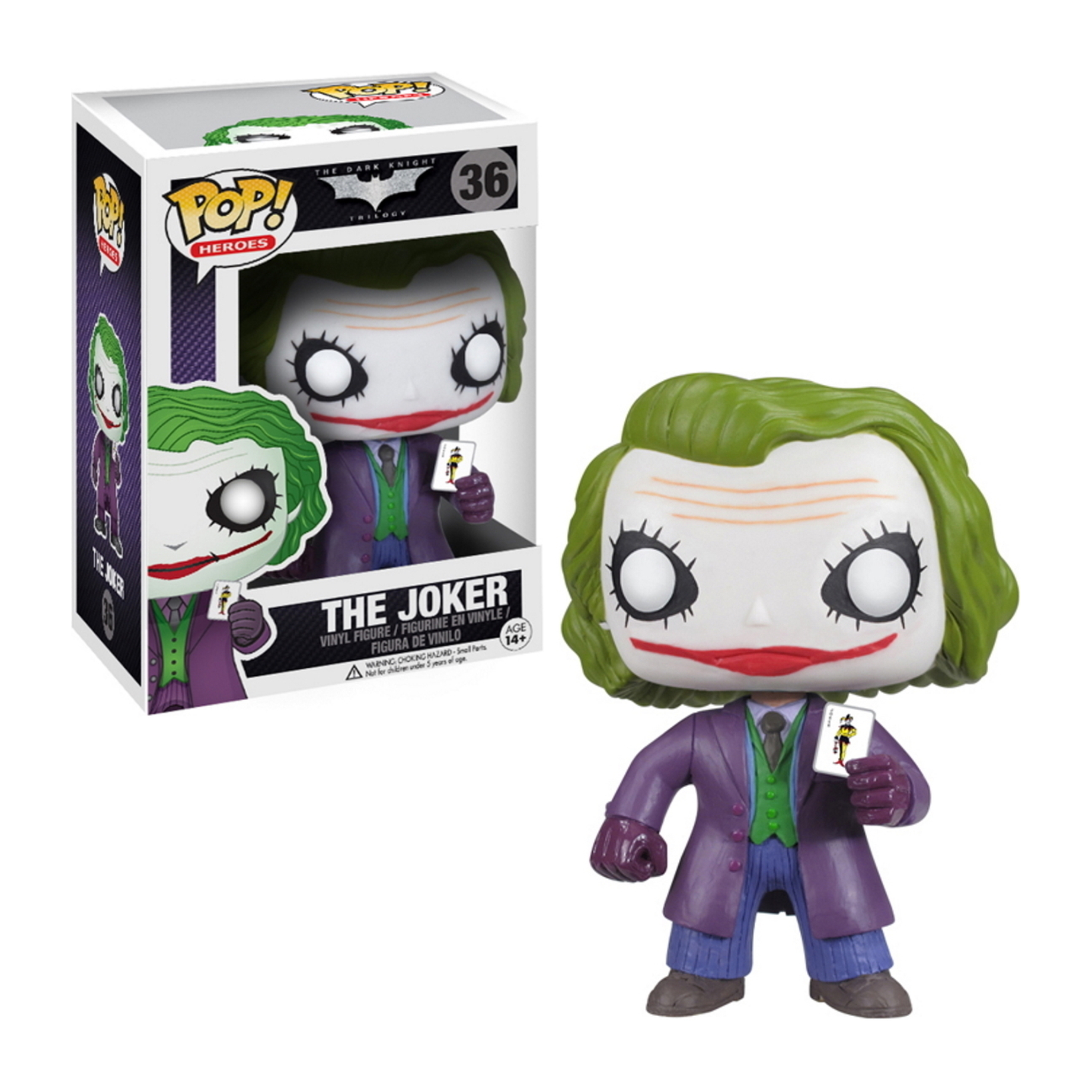 Eine Joker-Figur aus The Dark Knight. Der Joker trägt einen lila Anzug, hält eine Karte. In einer Box.