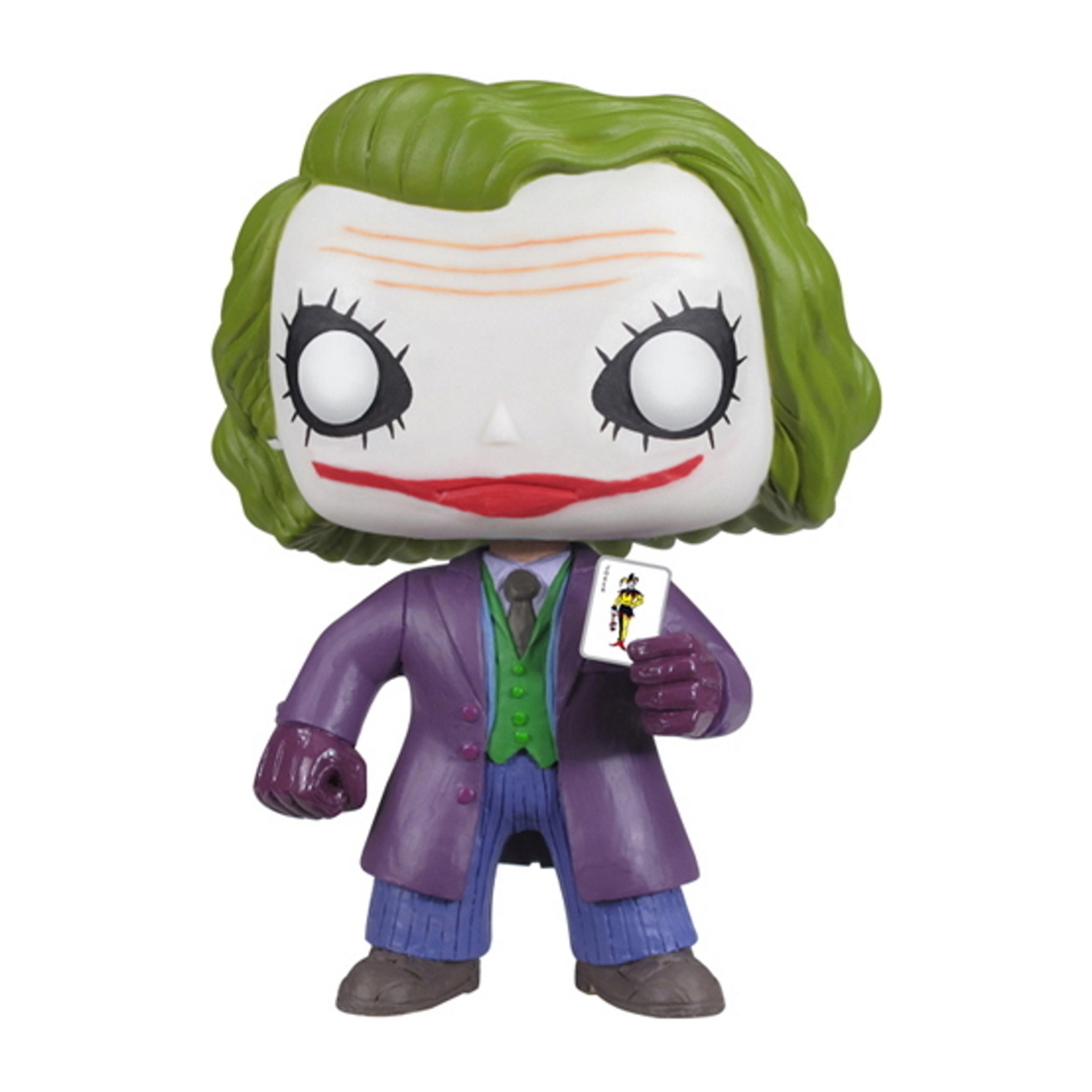 Joker Funko Pop Figur mit grünen Haaren, die eine Karte hält, trägt einen lila Anzug.