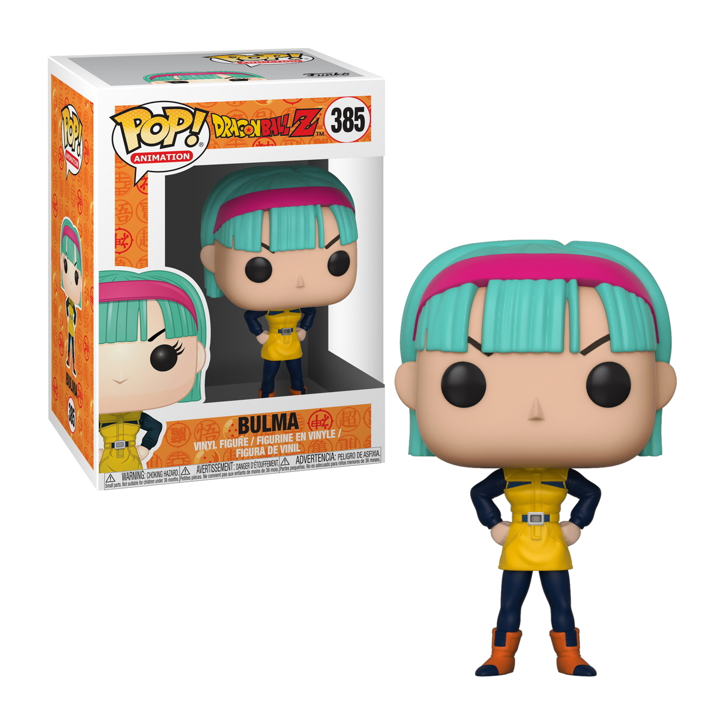 Eine Bulma Funko Pop Figur in der Box und draußen, mit dem Dragon Ball Z Logo.