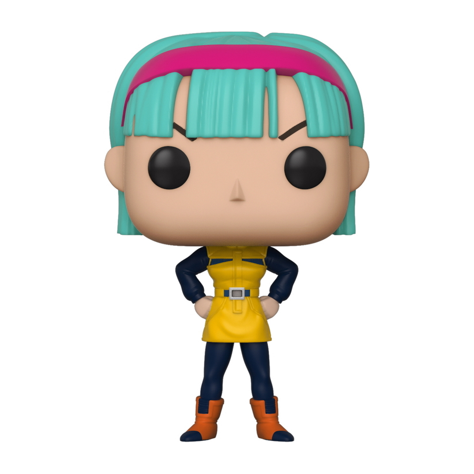 Bulma Funko Pop Figur mit Box. Die Figur hat türkisfarbenes Haar, ein gelbes Oberteil und eine selbstbewusste Pose.