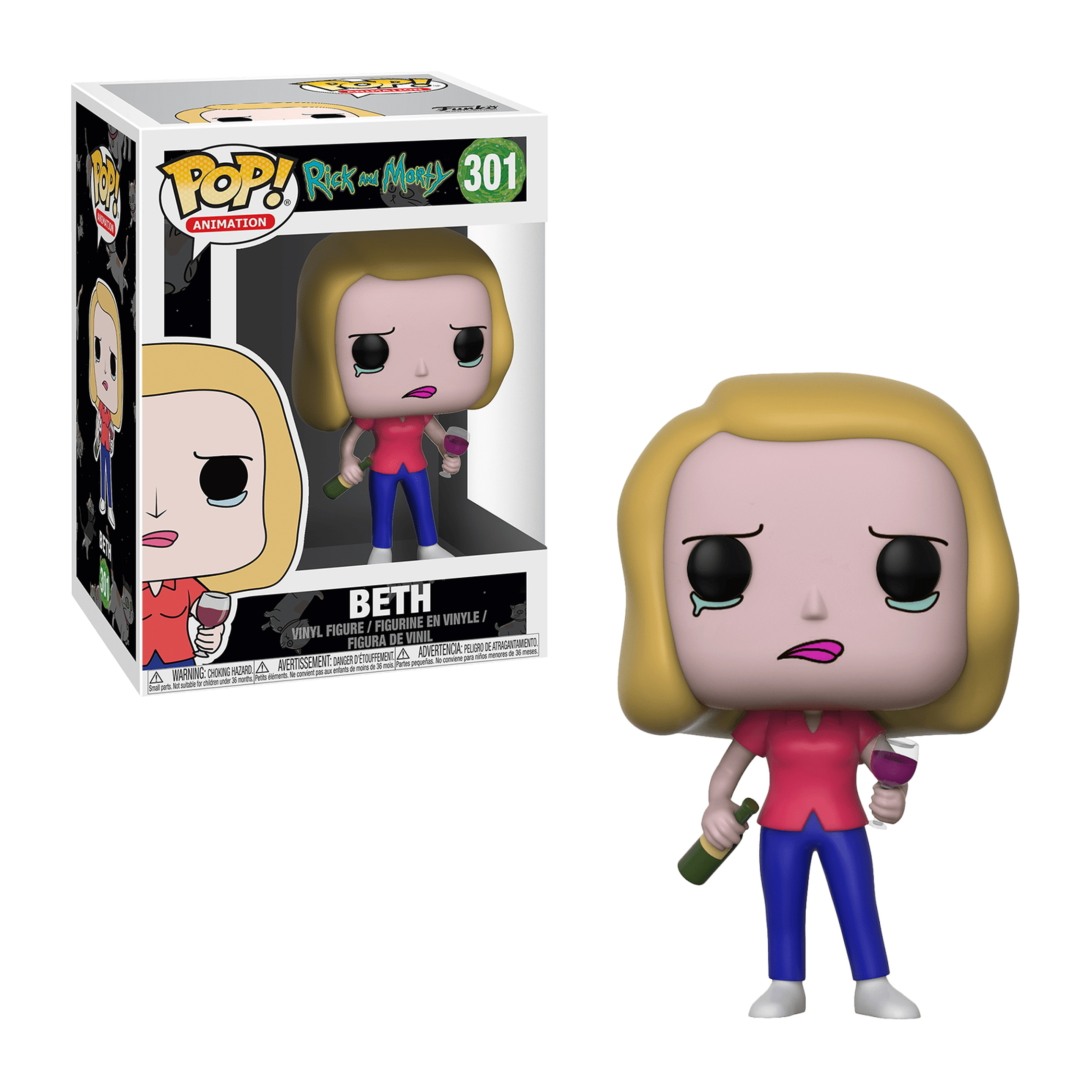 Beth von Rick and Morty Funko Pop Figur. Blondes Haar, weint, mit Wein und Flasche.