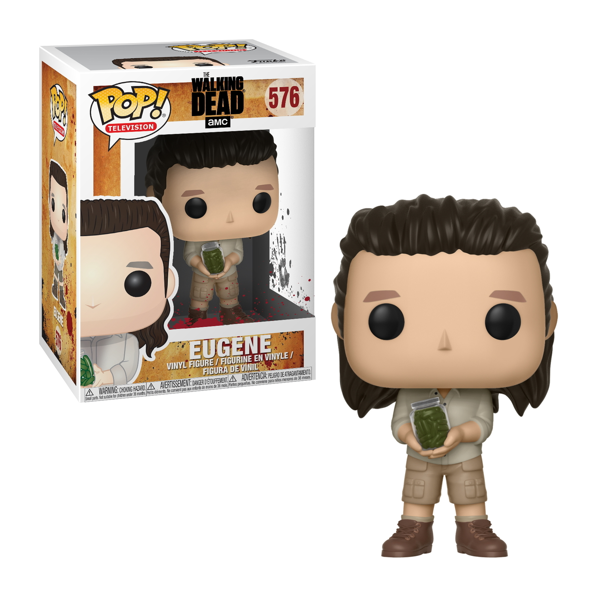 Eine Eugene Funko Pop Figur steht neben ihrer Box. Er trägt eine Khaki-Outfit und hält ein Glas.