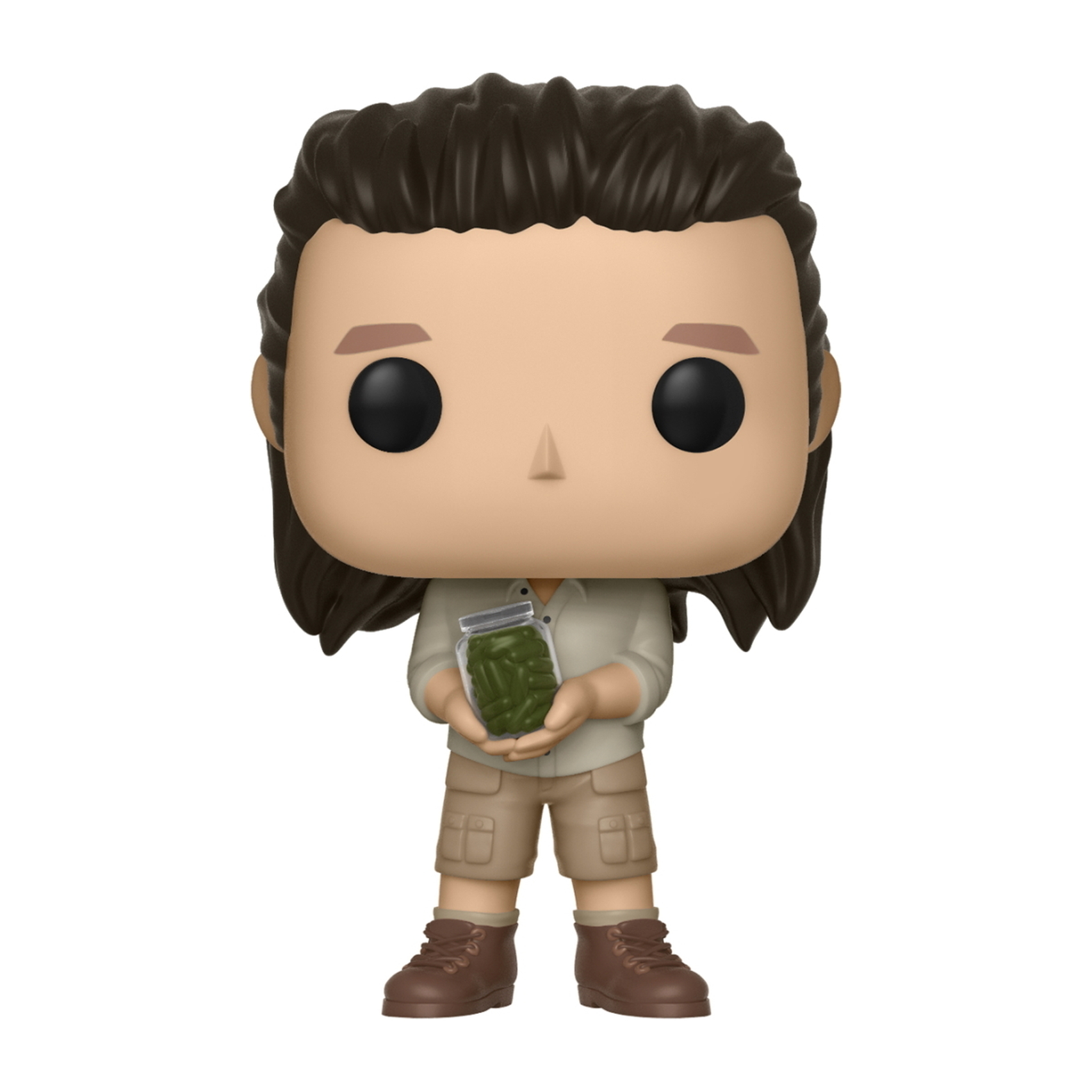 Eine Funko Pop Figur eines Mannes, der ein Glas Gurken hält. Er trägt Khaki und braune Stiefel.