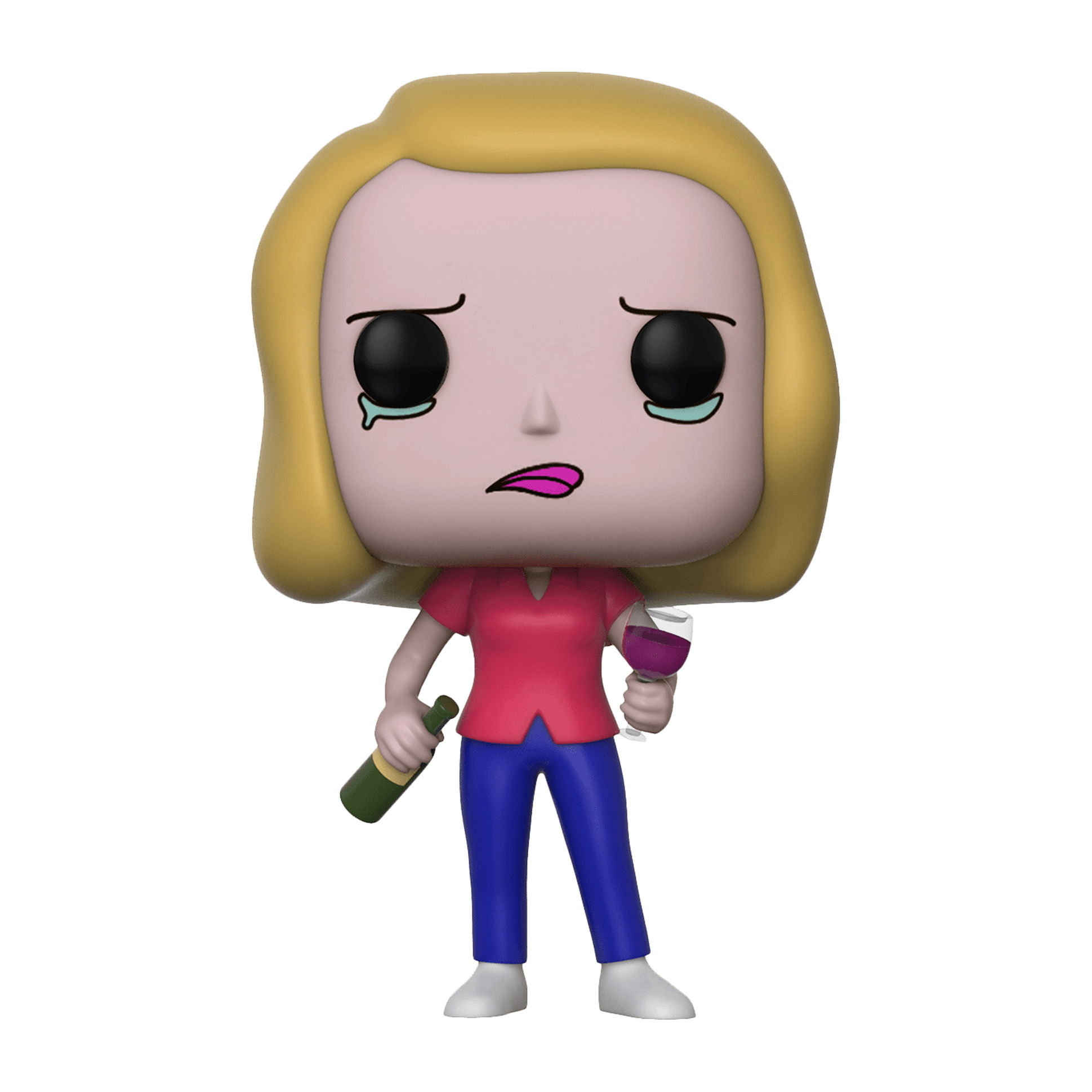 Eine Funko Pop Figur einer weinenden Frau. Blondes Haar, rotes Hemd, blaue Hose. Hält Weinflasche und Glas.