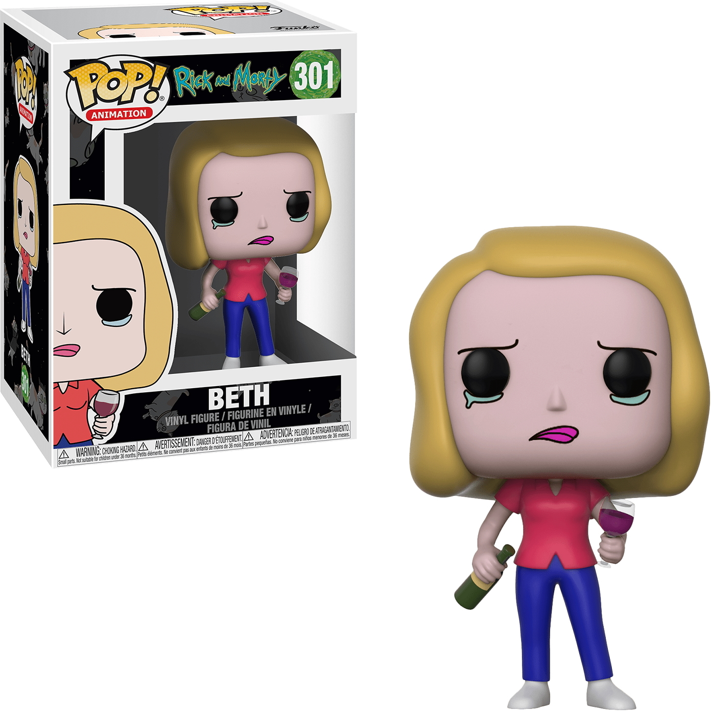 Beth-Figur von Rick and Morty, mit Weinflasche und Glas.