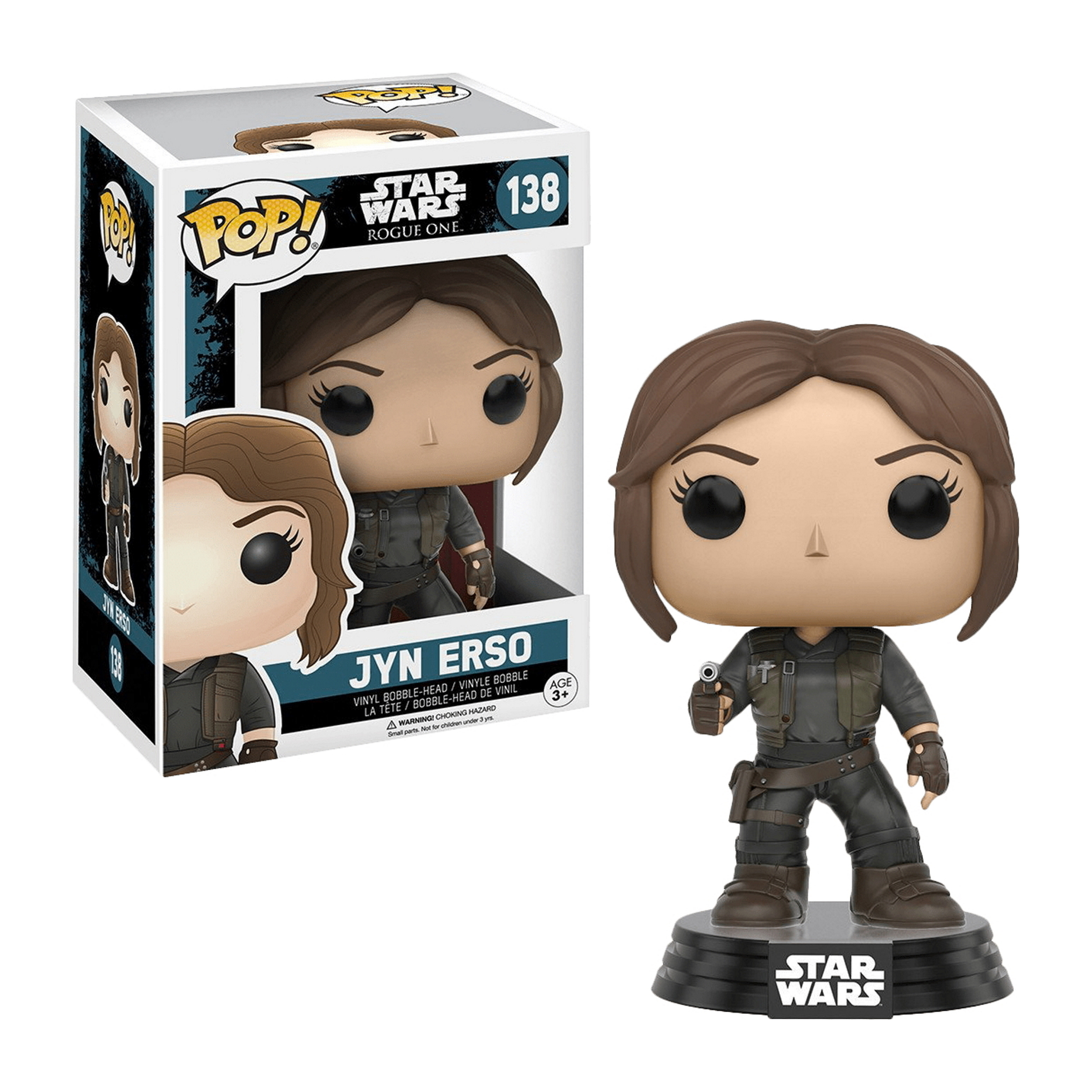 Jyn Erso Funko Pop Figur mit Box. Die Figur ist eine Frau mit einer Pistole.