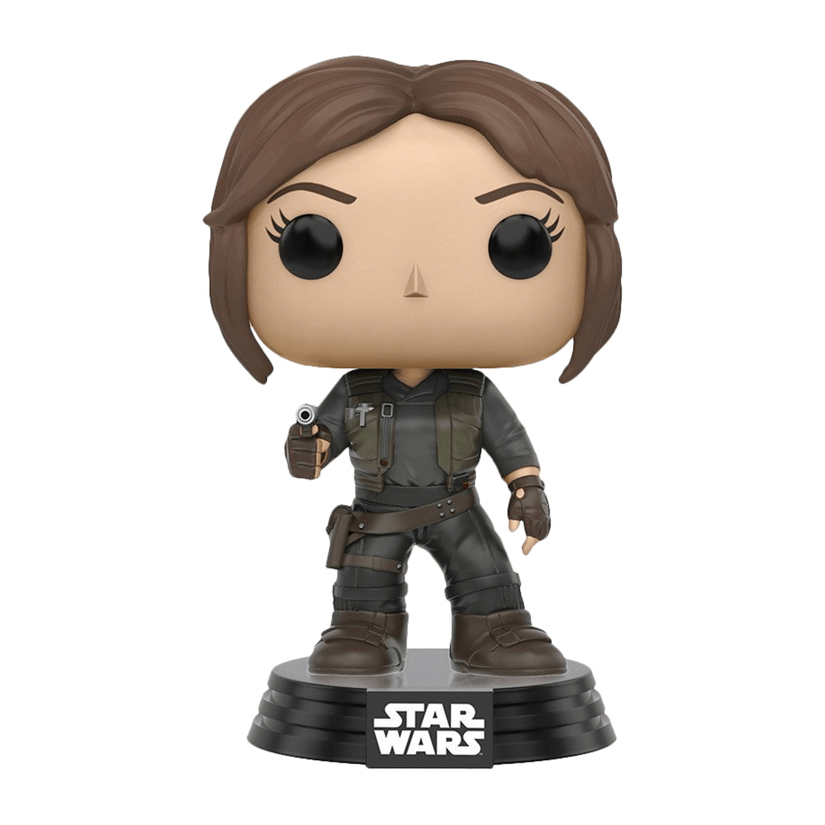 Eine Star Wars Figur von Jyn Erso mit einer Waffe. Sie steht auf einer schwarzen Basis.