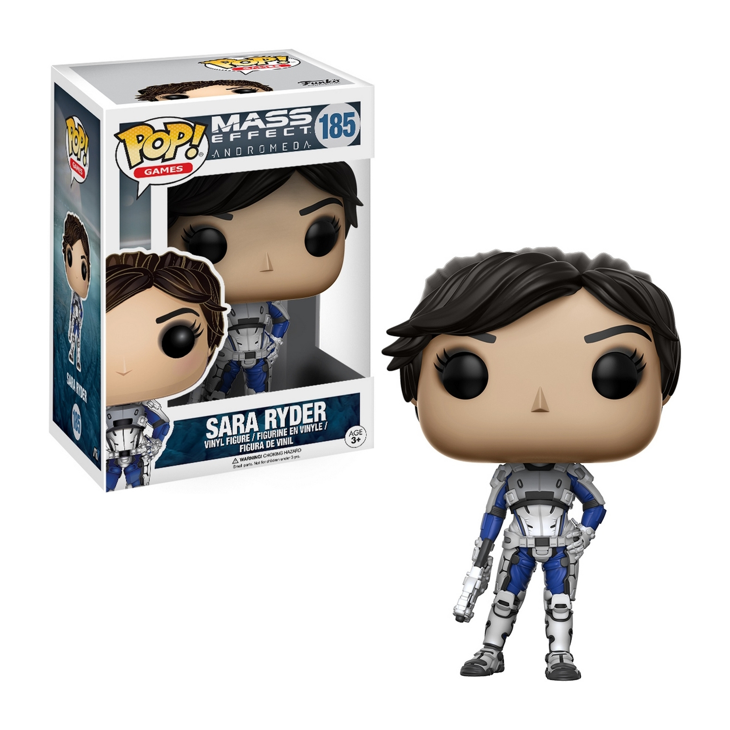 Funko Pop von Sara Ryder aus Mass Effect. Sie trägt einen weißen und blauen Anzug, hält eine Waffe.