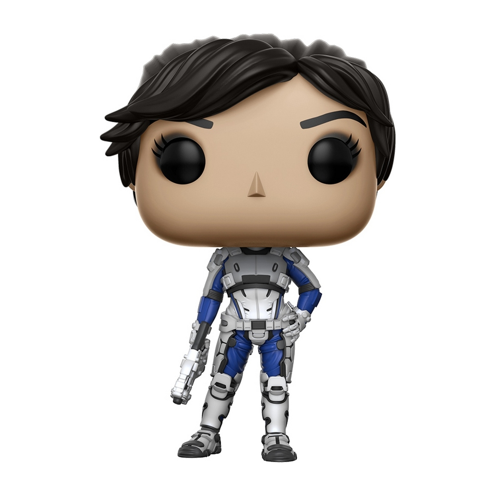 Funko Pop-Figur einer weiblichen Figur in weißer und blauer Rüstung, mit einer Waffe.