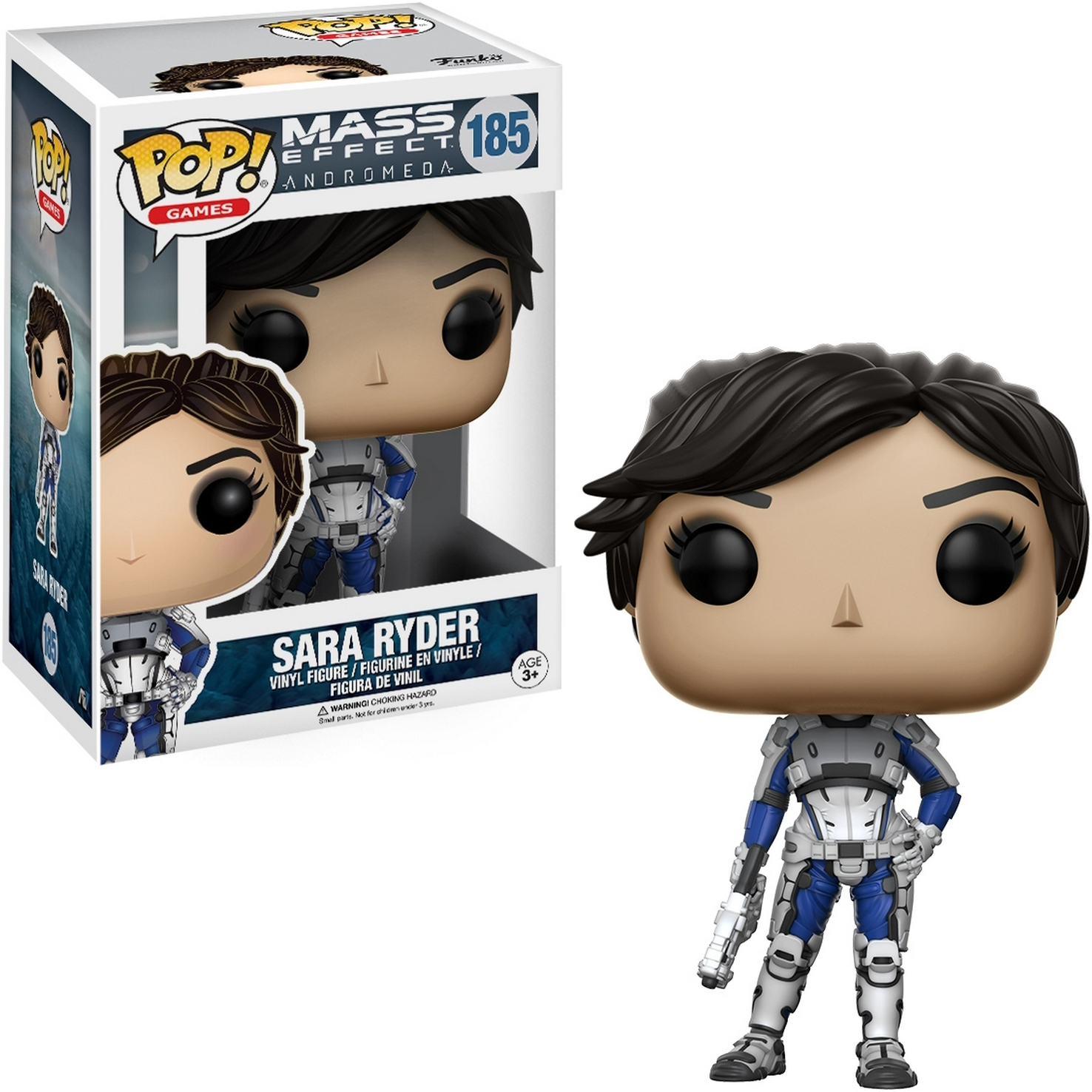 Sara Ryder Funko Pop Figur. Grauer und blauer Anzug, dunkles Haar. Box im Hintergrund.