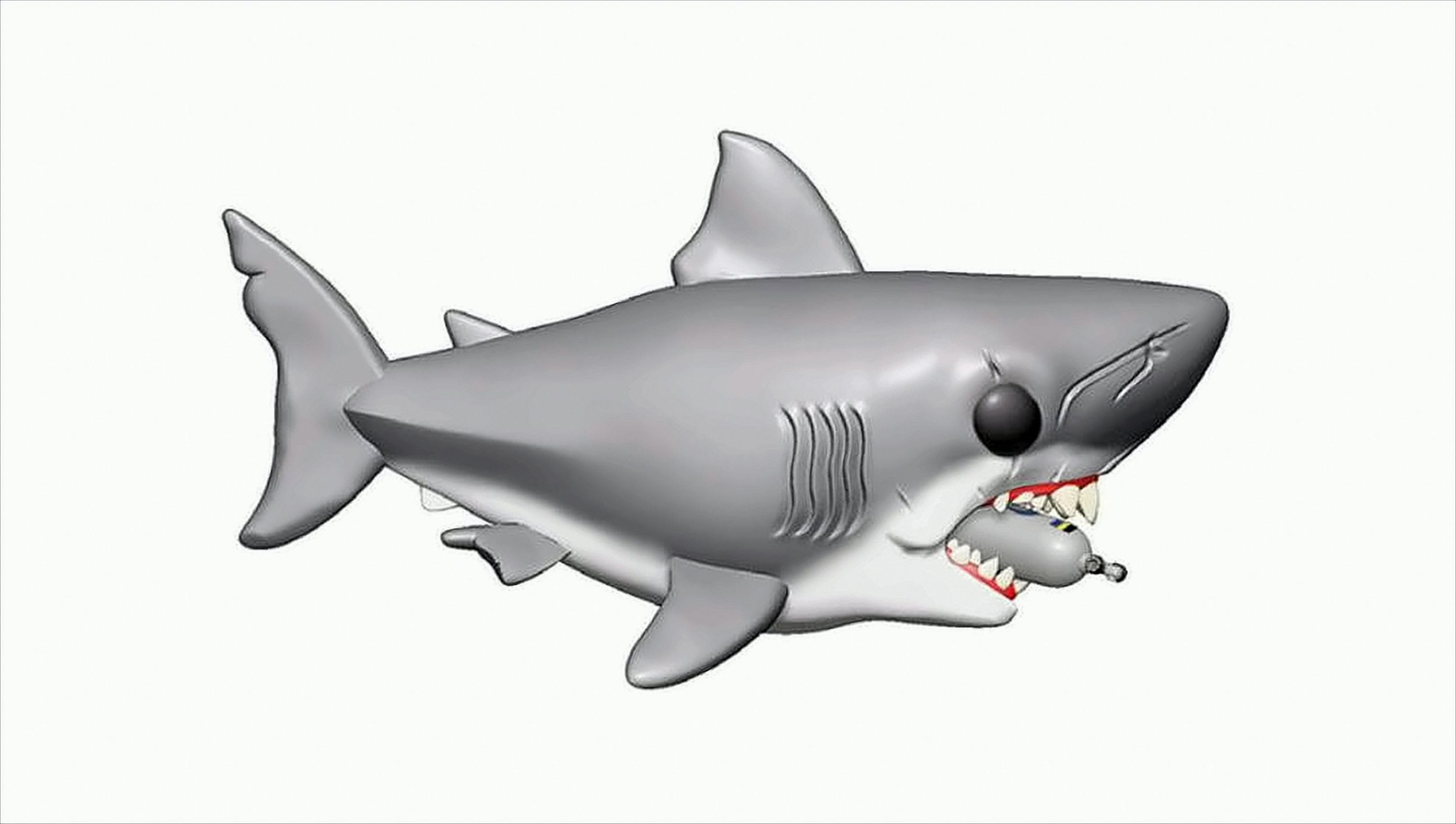 Ein grauer Hai Funko Pop mit offenem Maul, der einen kleinen Fisch im Maul hält, weißer Hintergrund.