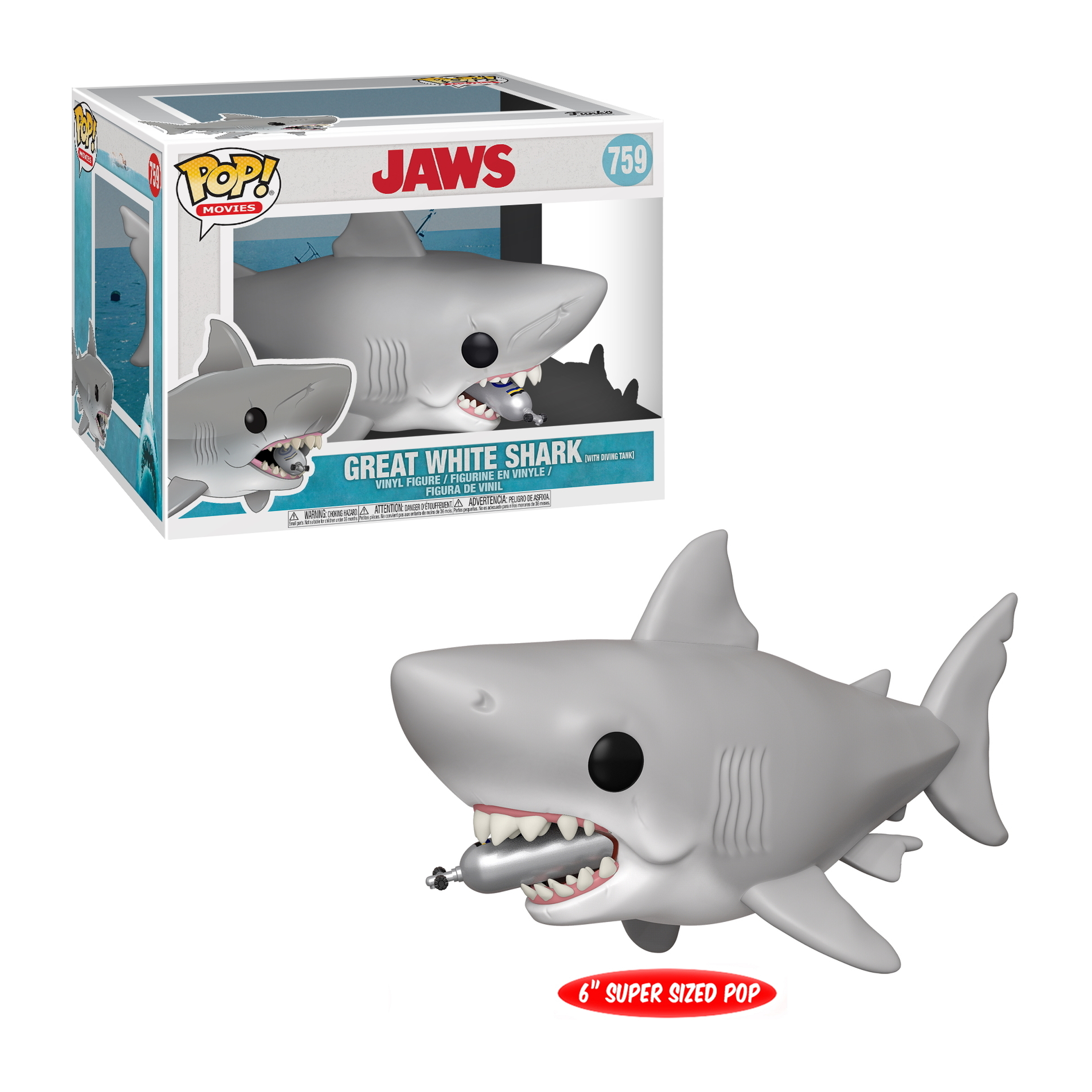 Eine Great White Shark Funko Pop Figur mit Box. Der Hai hat einen Taucher im Maul.