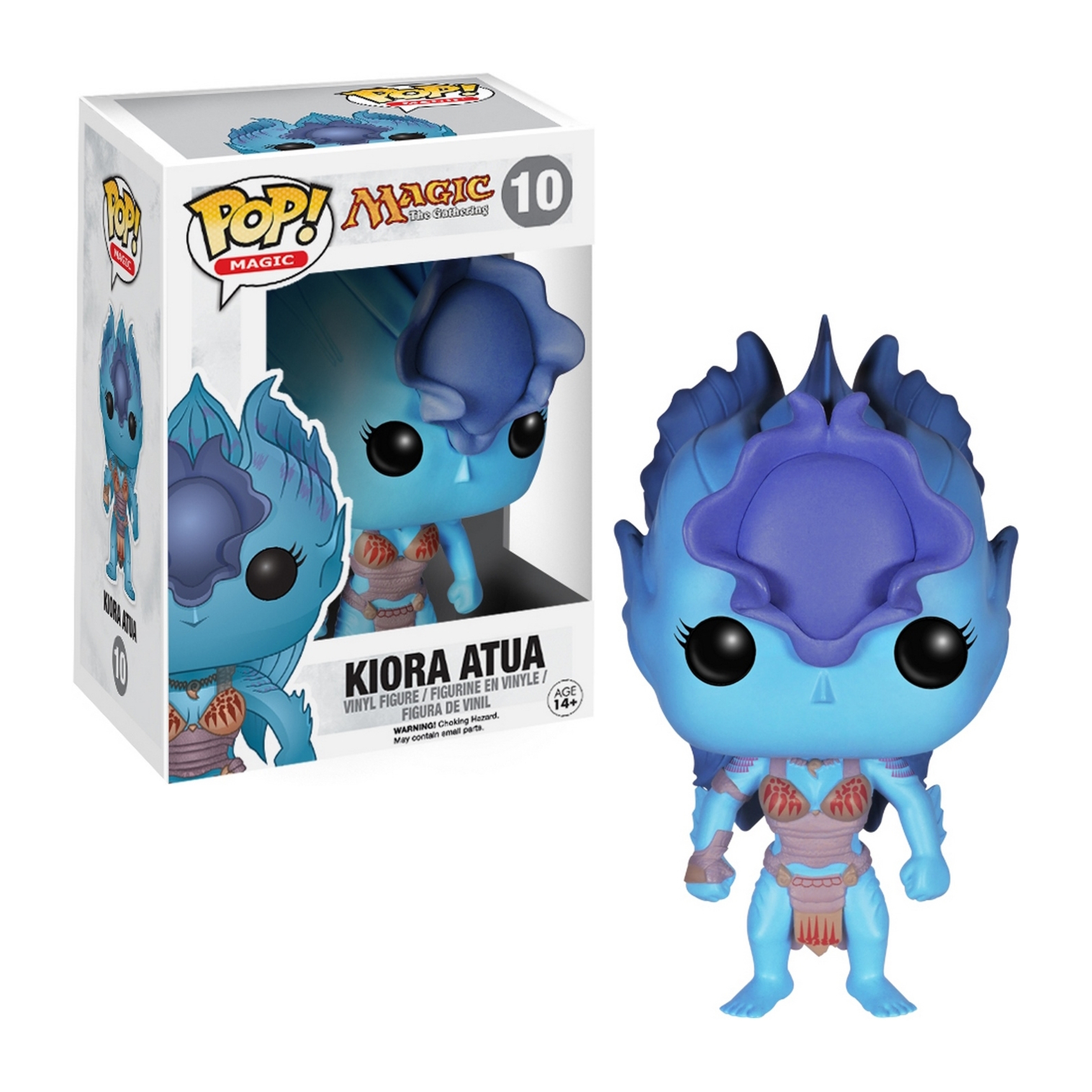 Kiora Atua Funko Pop Figur in Box. Blaue Haut, blauer Kopfschmuck, hält einen Stab. Box zeigt Figurenabbildung.