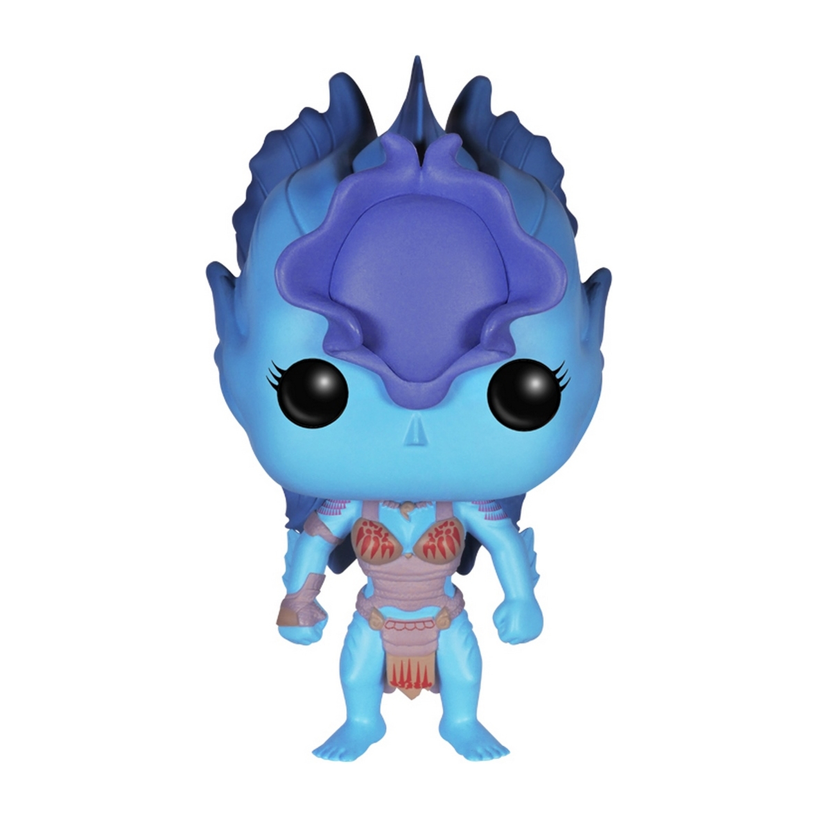 Blauhätige Frau Funko Pop. Blaue Haare, rotes Oberteil, Stammesstil. Große Augen.