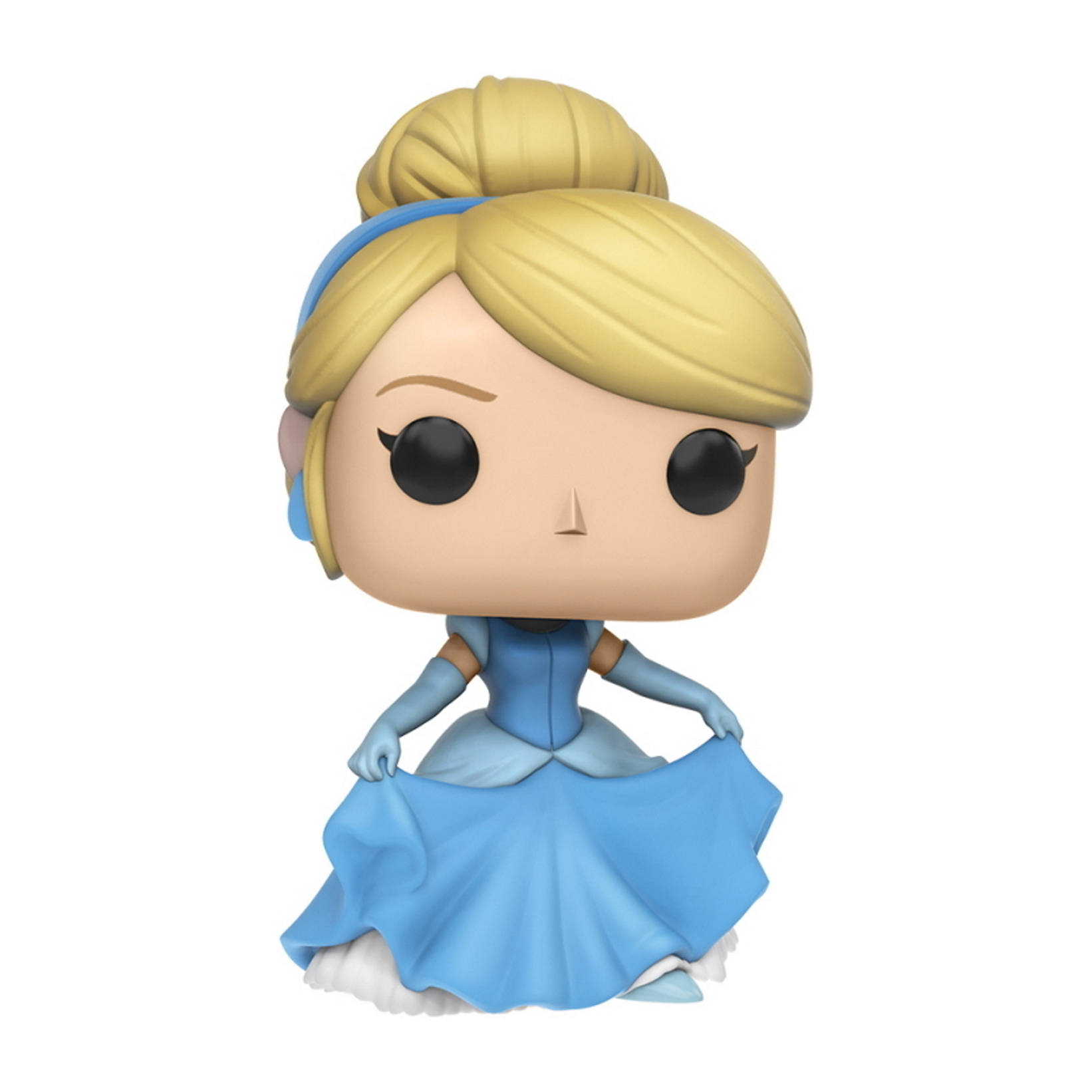 Cinderella Funko Pop Figur. Blondes Dutt, blaues Kleid mit Handschuhen, Hände aus.