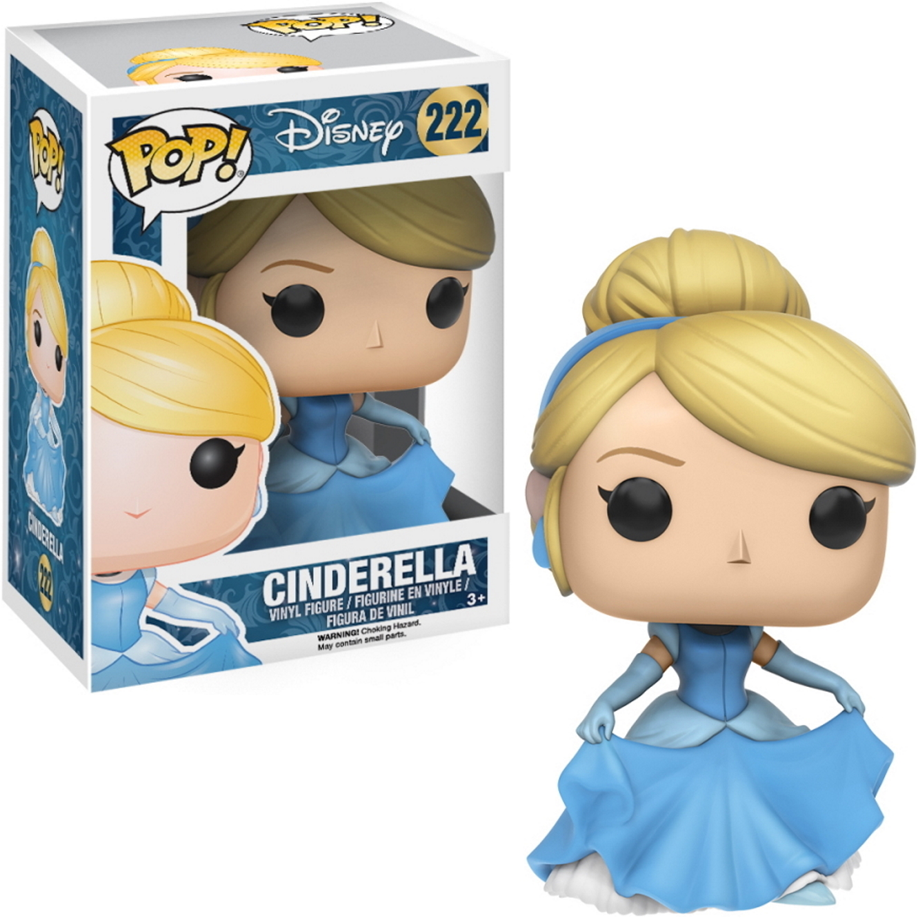 Cinderella Funko Pop Figur. Blondes Haar, blaues Kleid, hält ihren Rock. Box-Art zeigt ähnliche Figur.