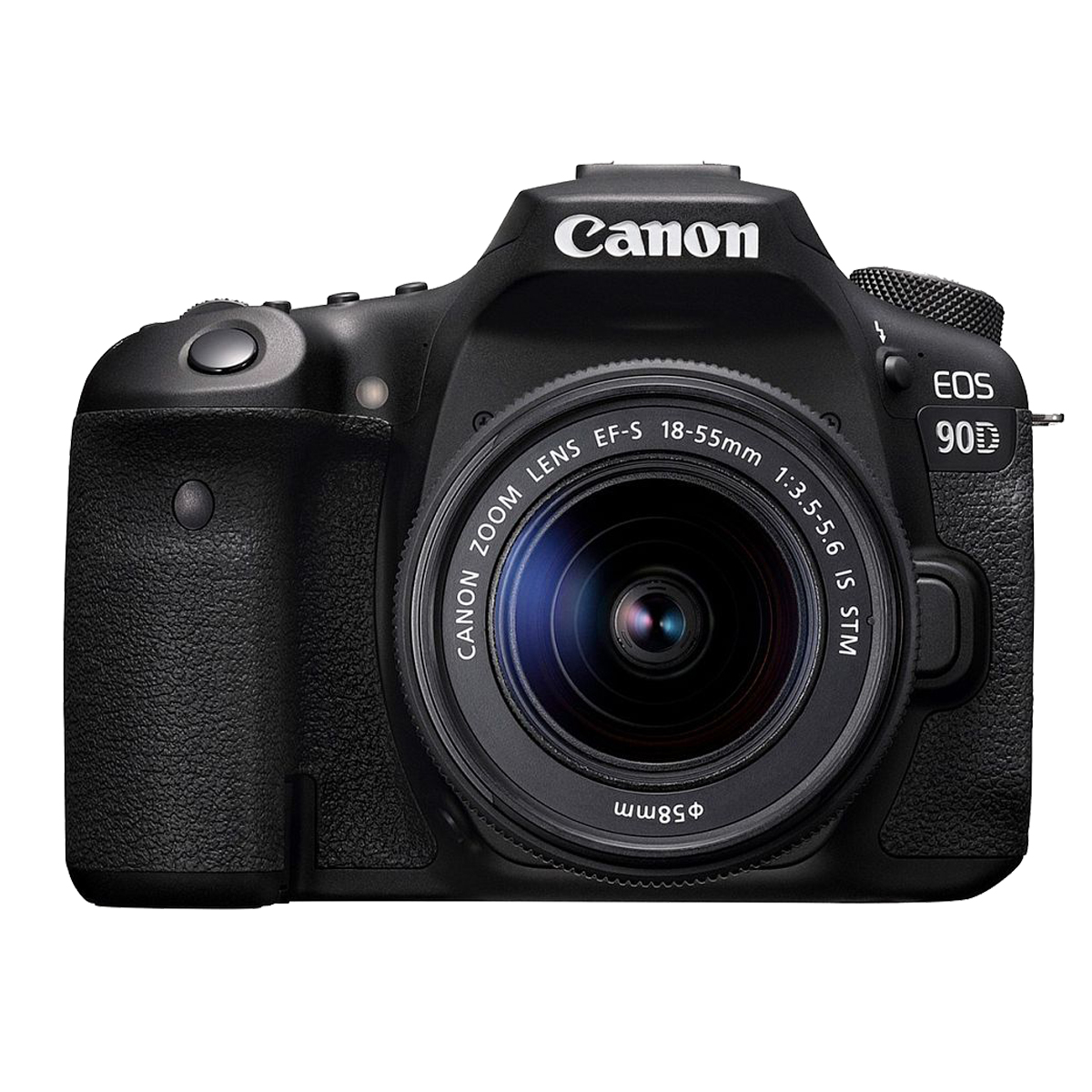 Schwarze Canon EOS 90D Kamera mit Objektiv und weißem Hintergrund. Es ist eine DSLR-Kamera.