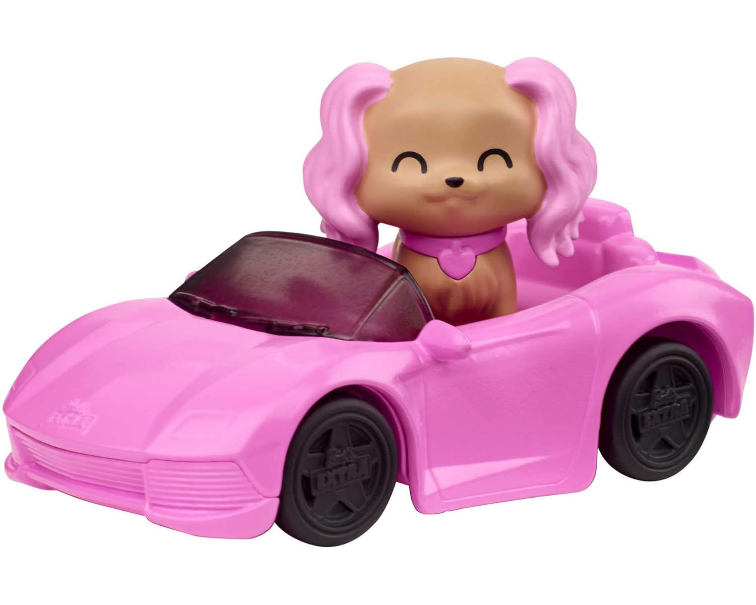 Cane giocattolo in un'auto rosa, con accenti rosa.