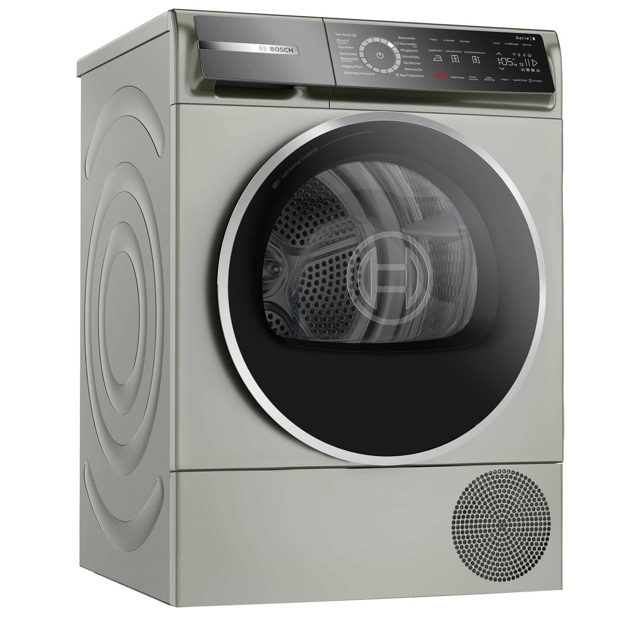 Asciugatrice argento e nera con porta, pulsanti e display.