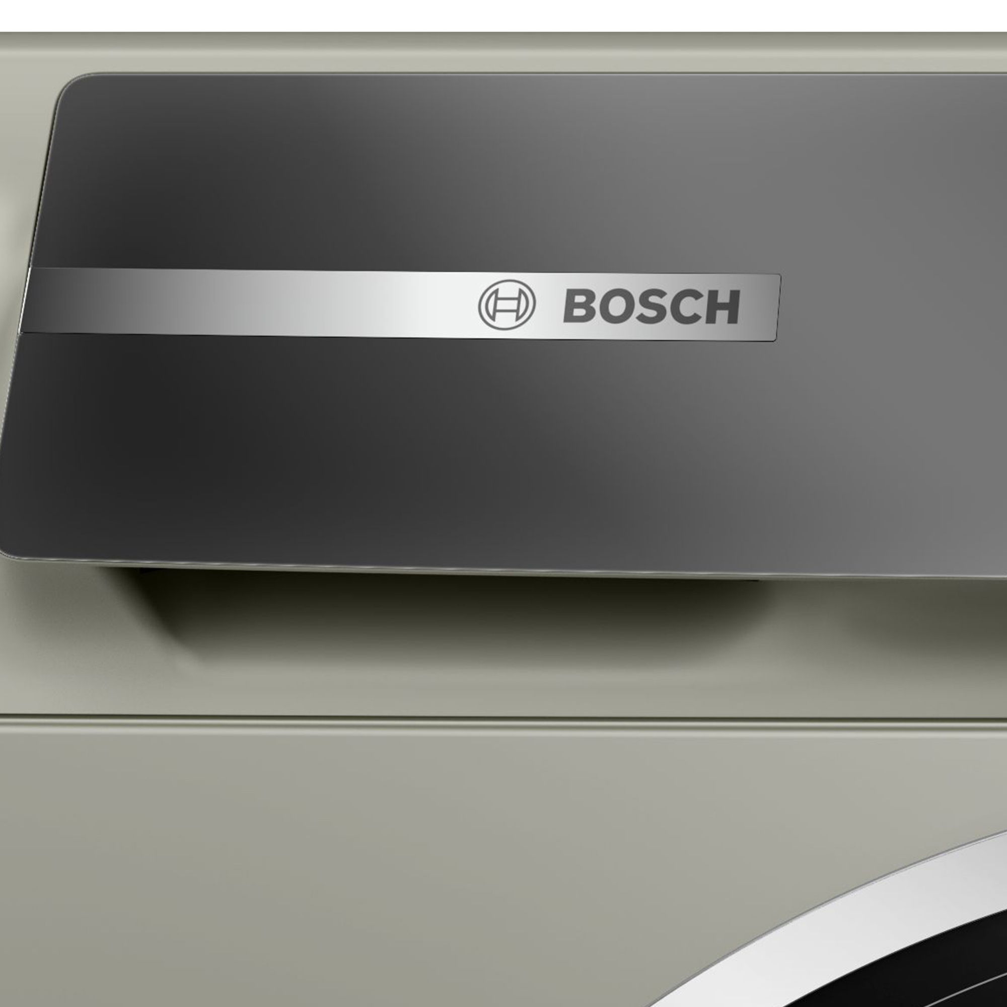 Primo piano dell'elettrodomestico Bosch. Pannello grigio e nero con il logo Bosch.