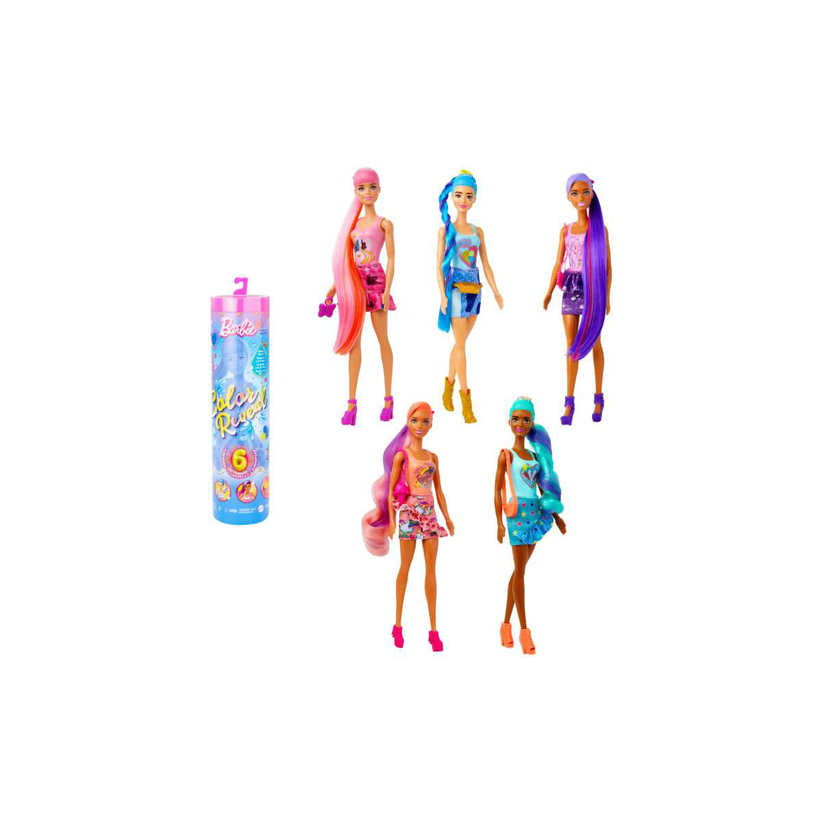 Cinco muñecas Barbie con diferentes peinados y atuendos. Una caja de Barbie a la izquierda. Fondo blanco.