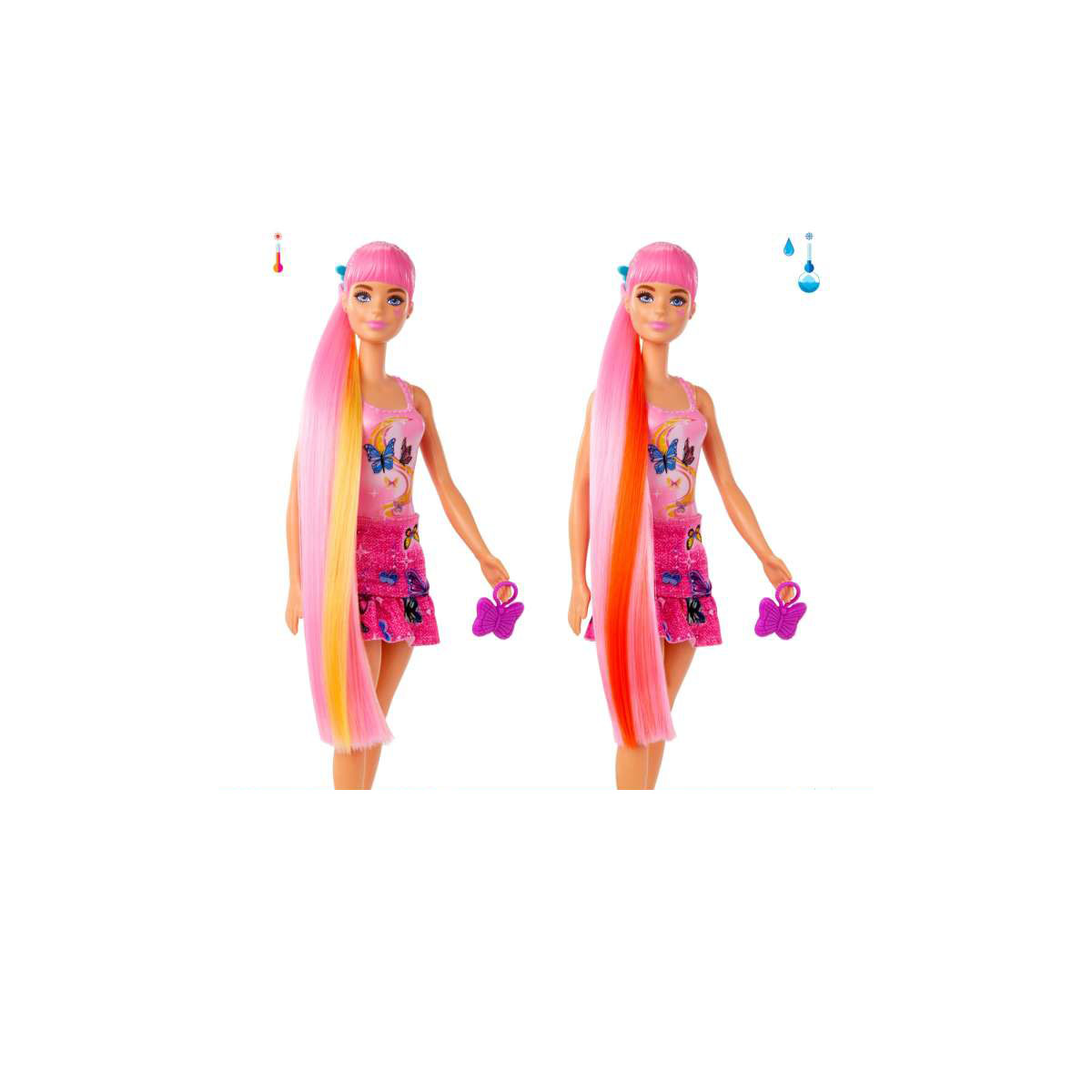 Dos muñecas Barbie con pelo largo rosa y vestidos rosas. Los accesorios incluyen formas de mariposa.