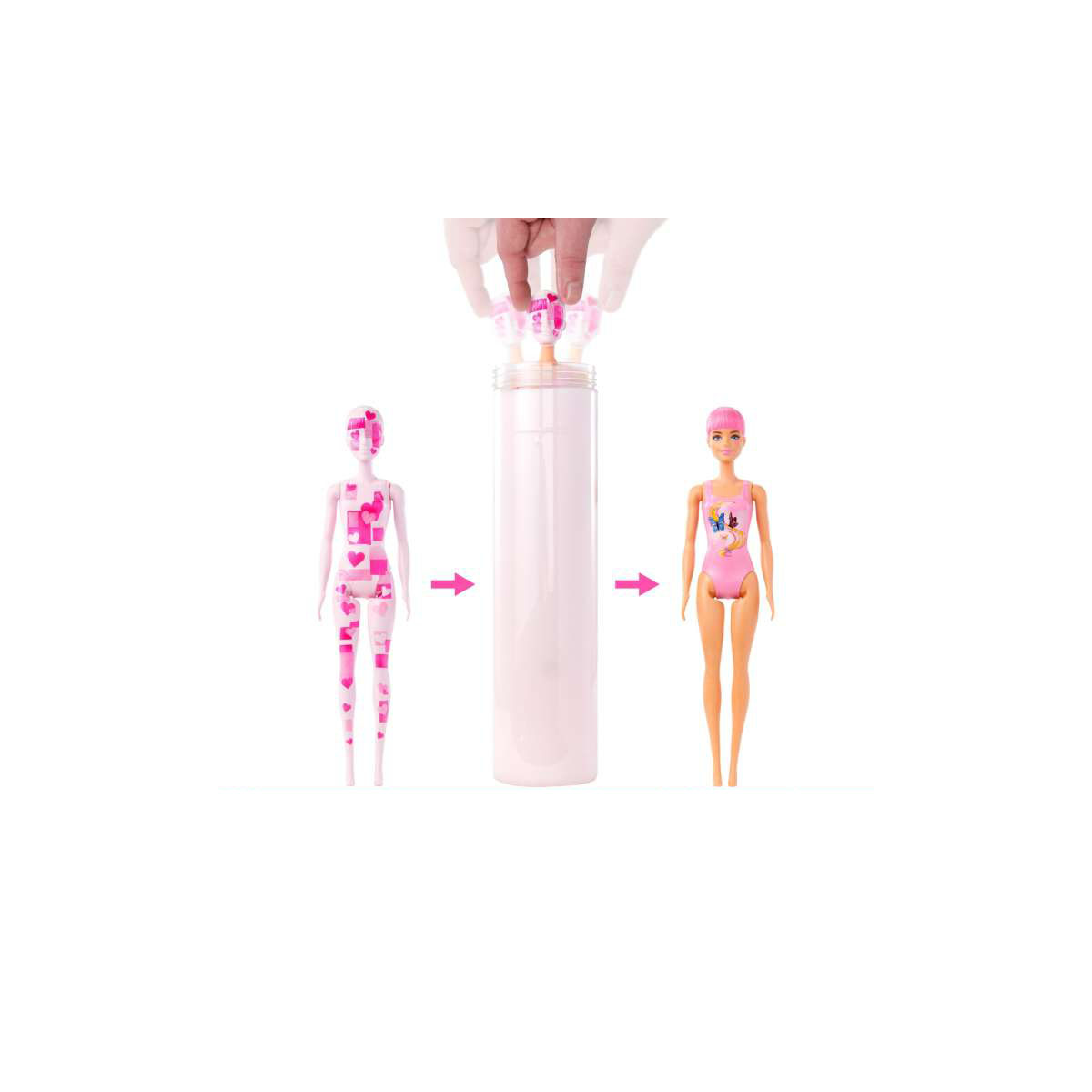 Transformacja lalki Barbie: ciało z sercami do lalki w różowym stroju kąpielowym. Proces w tubie.