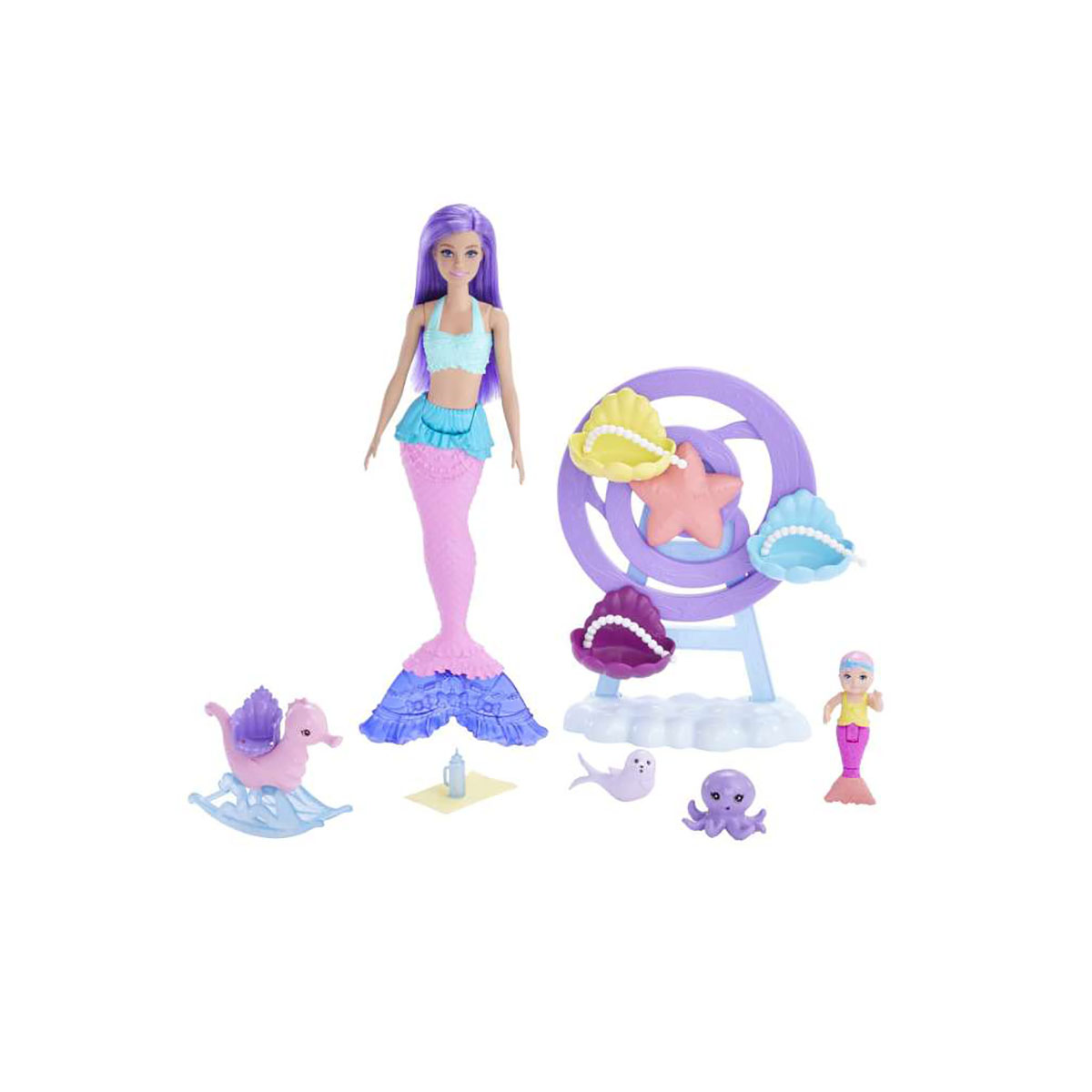Juego de muñecas de sirena con varios accesorios y figuras.