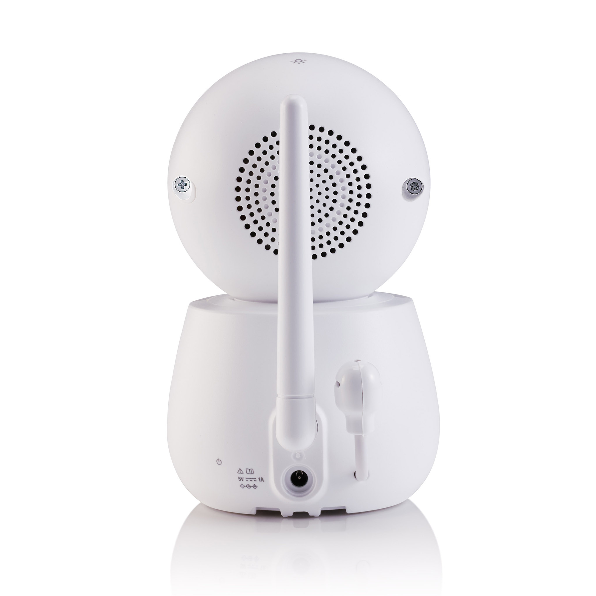 Biała kamera do monitoringu dziecka z anteną, głośnikiem i wejściem zasilania na białym tle.