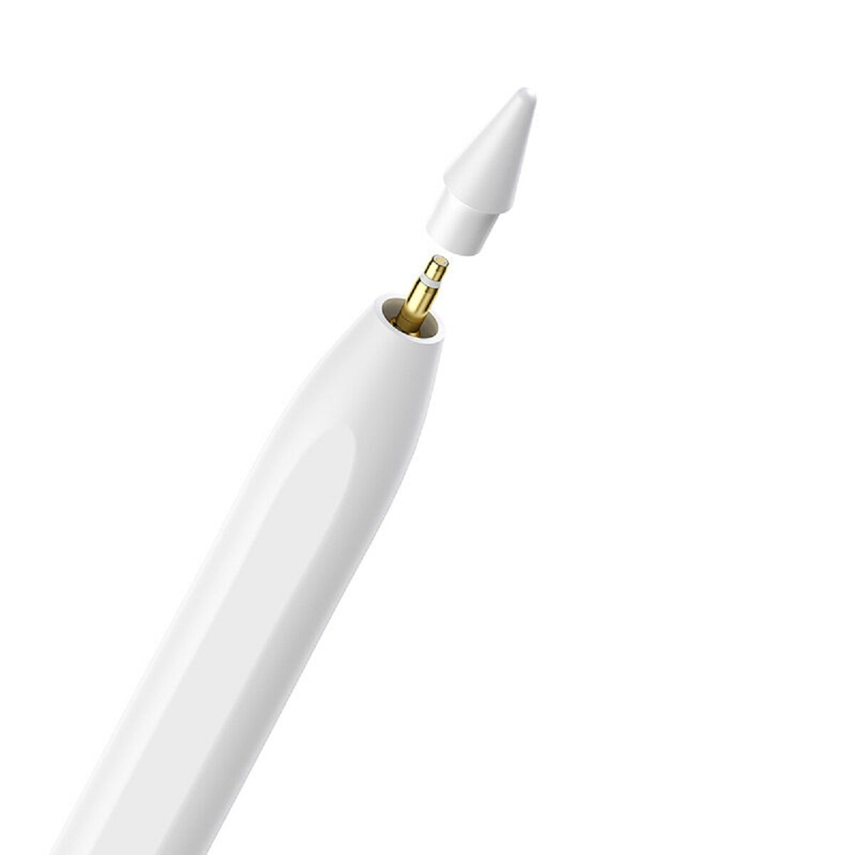 Biały Apple Pencil z usuniętą końcówką, odsłaniający port ładowania.