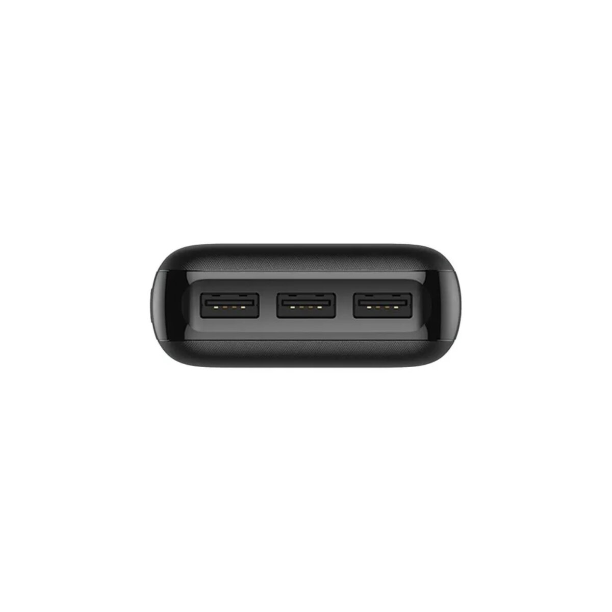 Schwarze Powerbank mit drei USB-Anschlüssen.