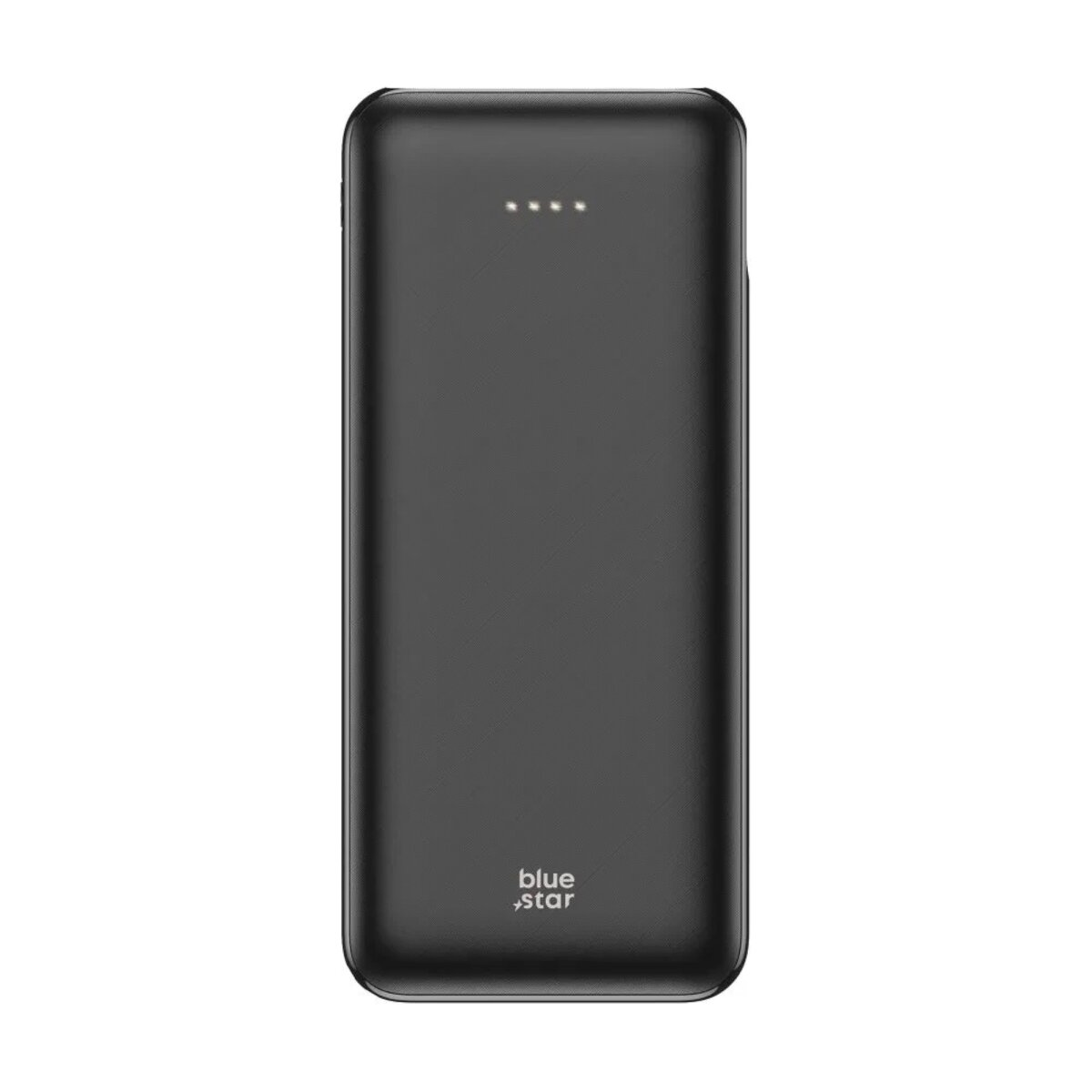 Schwarze Powerbank mit blauem Stern-Logo, vier Kontrollleuchten. Sie ist rechteckig und hat abgerundete Kanten.