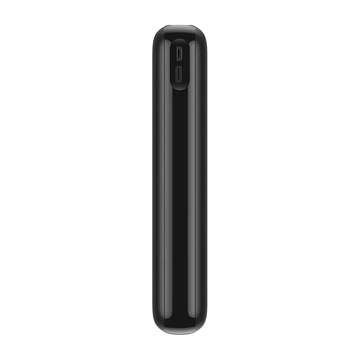 Eine schwarze, lange und dünne Powerbank mit zwei Ladeanschlüssen.