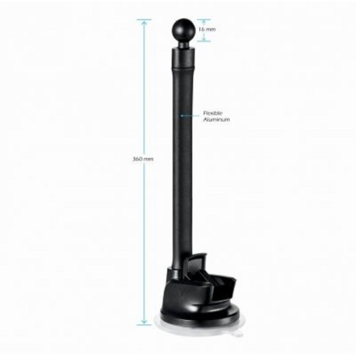 Schwarze Autotelefonhalterung mit langem, flexiblem Arm. Abmessungen: 360 mm Länge, 16 mm Kugel.
