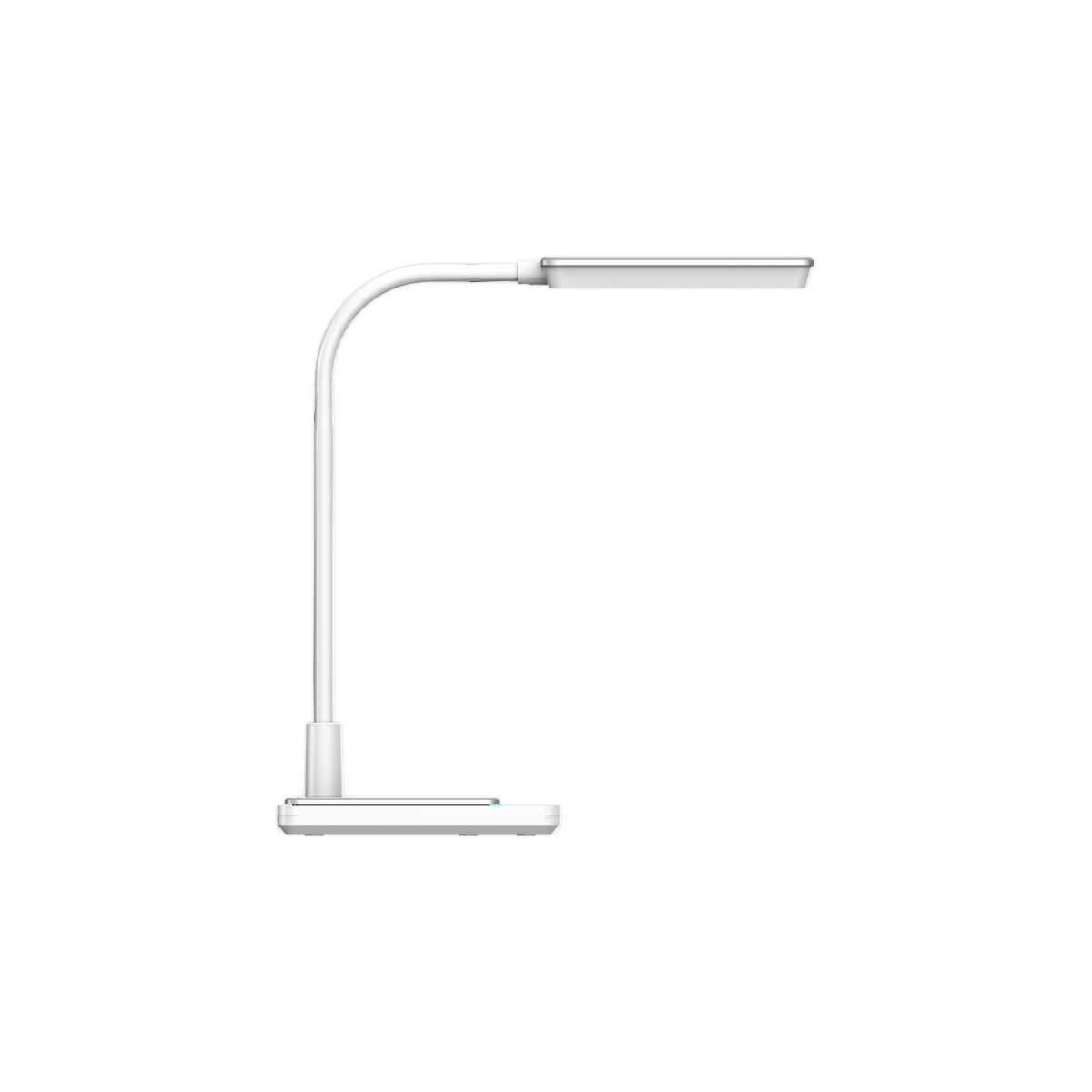 Weiße Schreibtischlampe, gebogener Hals, rechteckiger Kopf und Sockel. Weißer Hintergrund.