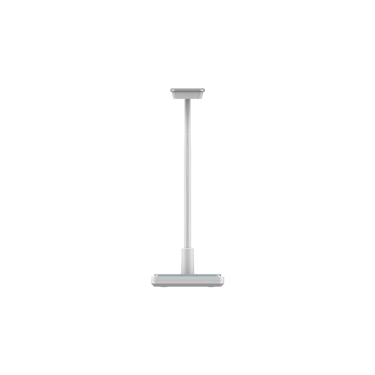 Eine weiße Lampe mit kreisförmiger Ober- und Unterseite, verbunden durch einen langen, dünnen Stiel.