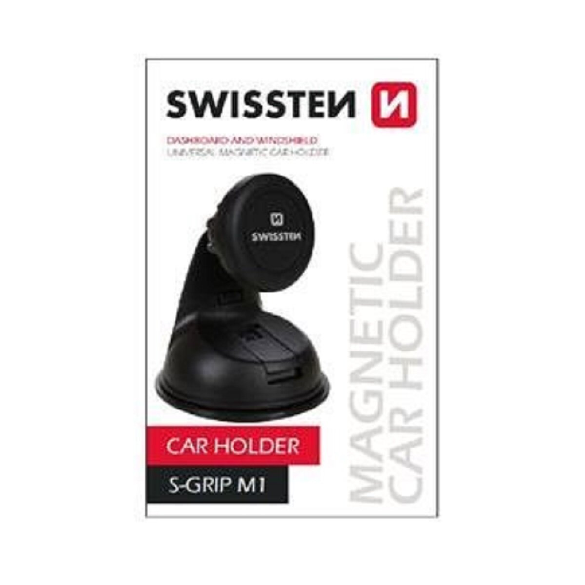 Schwarzer Autohalter mit Magnetfuß, auf einem Ständer montiert. Auf der Box steht SWISSTEN.