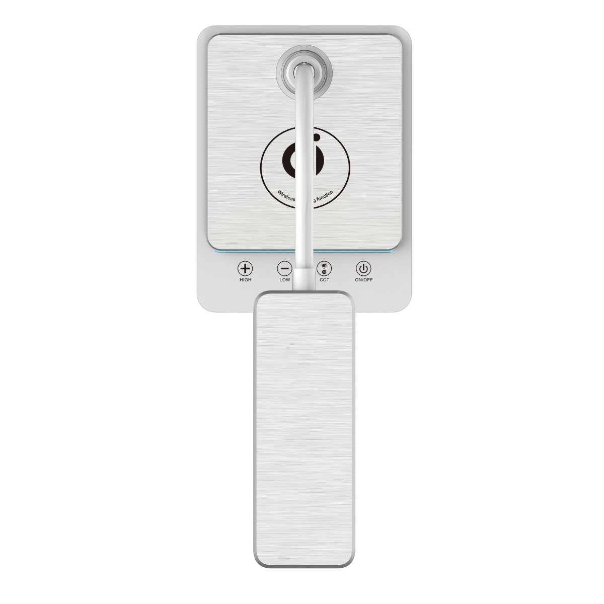 Eine moderne, metallische Lampe mit Touch-Bedienfeld und rechteckigem Sockel.