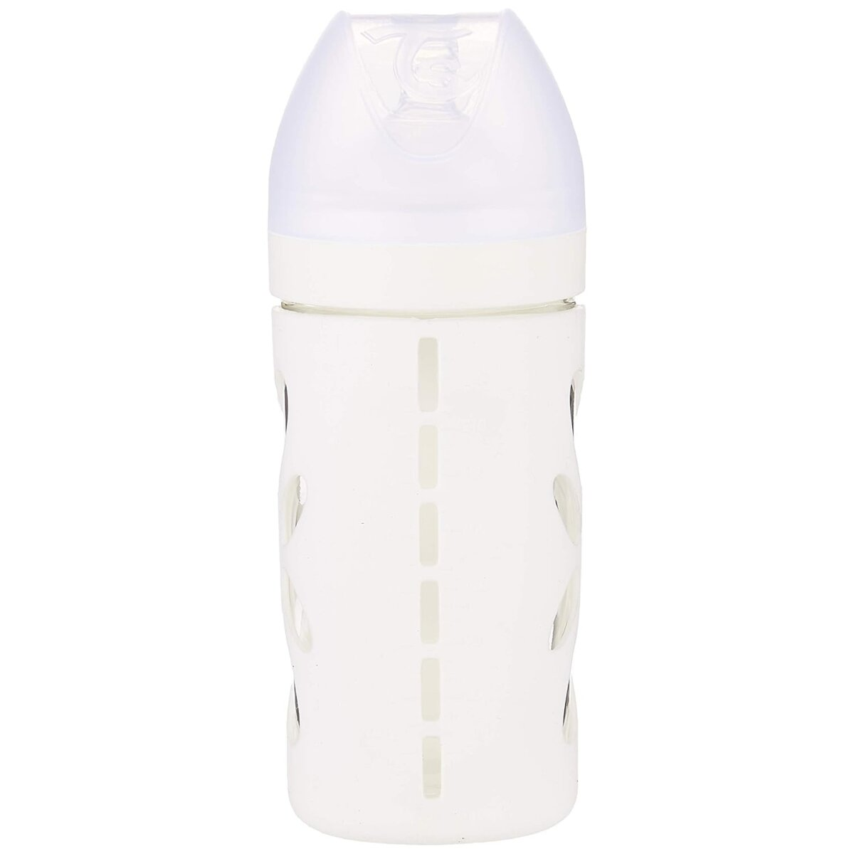 Weiße Babyflasche mit klarem Sauger. Die Flasche hat ein weißes Gehäuse mit Aussparungen.