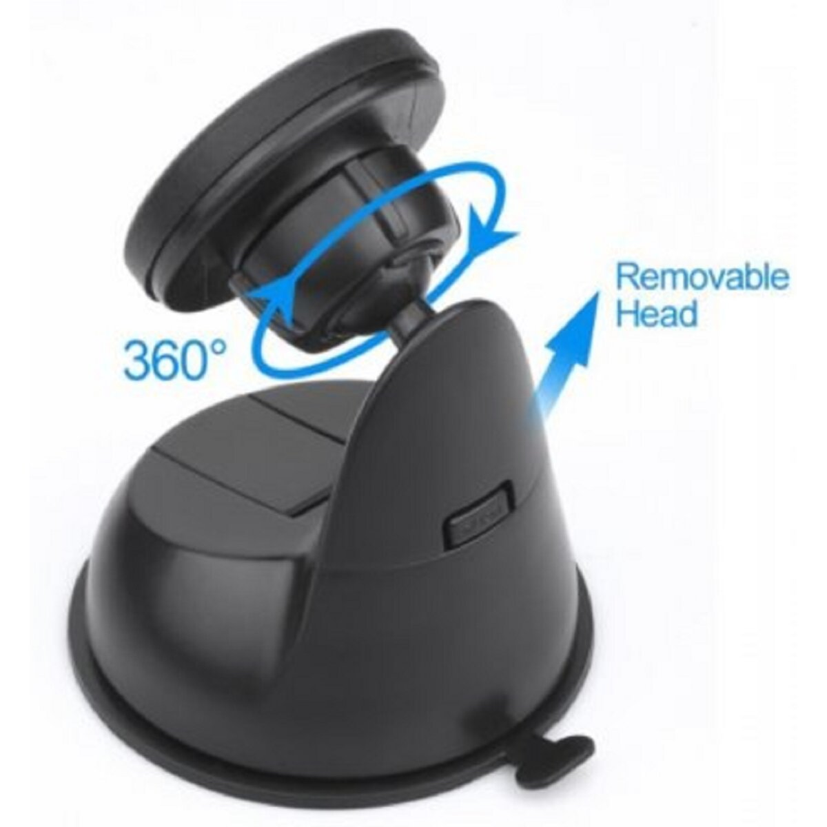 Ein schwarzer Autotelefonhalter mit einem um 360 Grad drehbaren Kopf. Der Pfeil zeigt auf den abnehmbaren Kopf.
