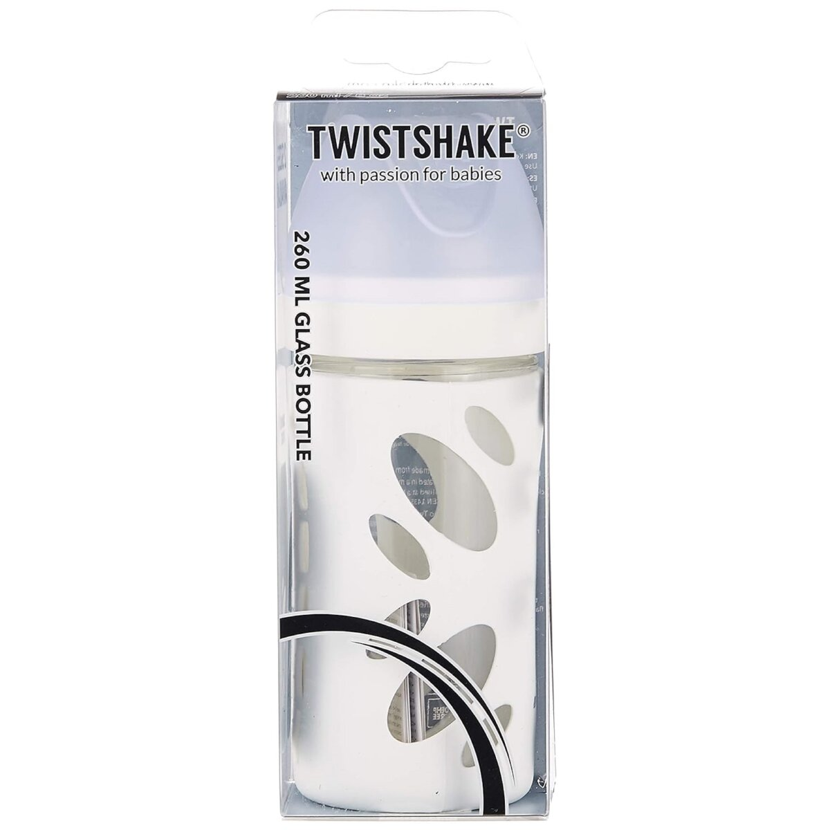 Twistshake Babyflasche in einer Box. Klare Flasche mit weißen Details und weißem Deckel.