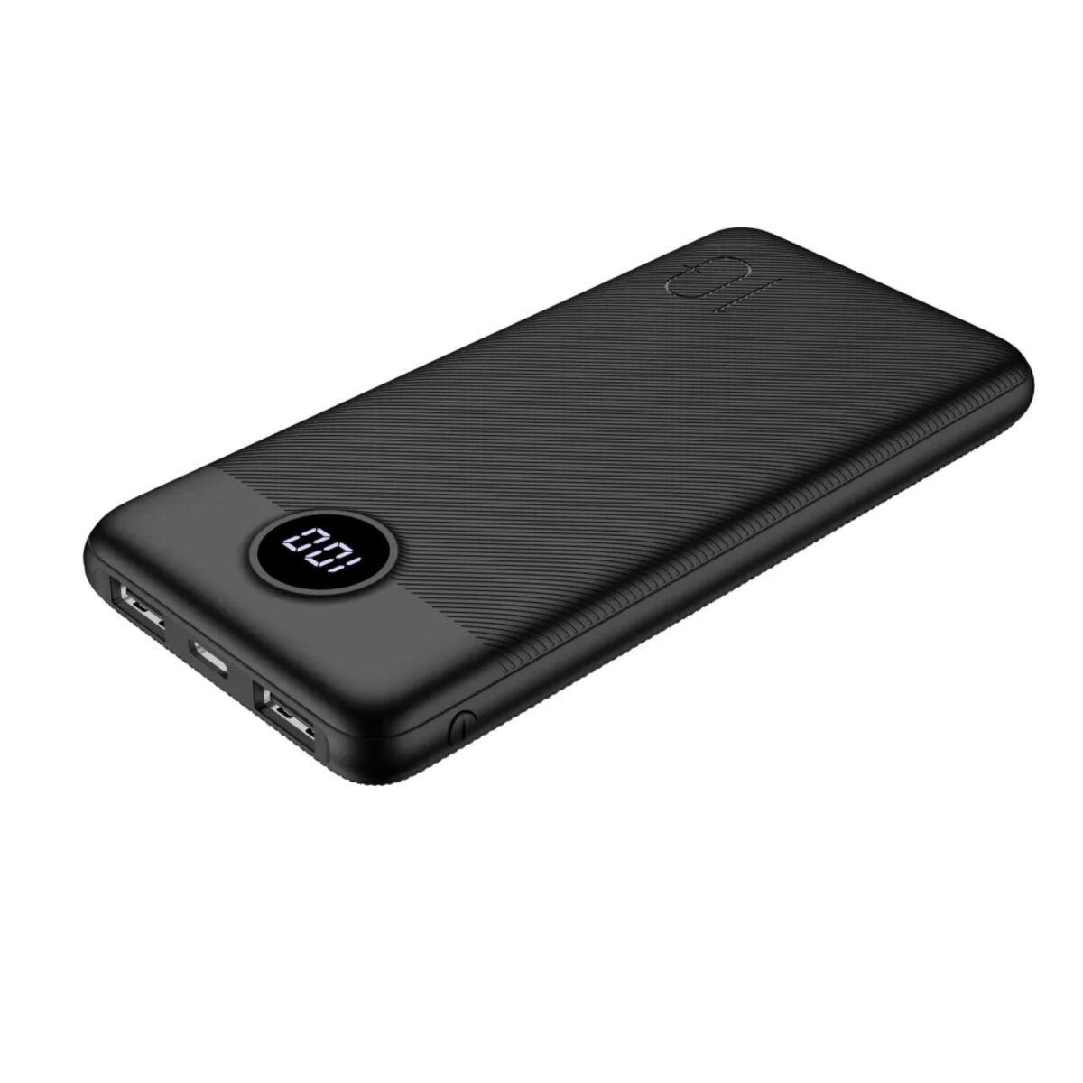Schwarze tragbare Powerbank mit Digitalanzeige und zwei USB-Anschlüssen.