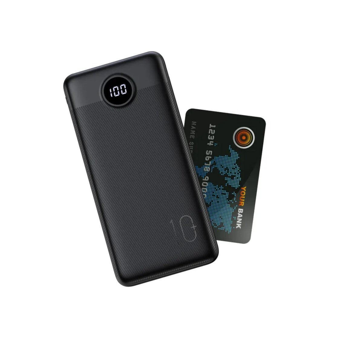 Schwarze Powerbank mit LCD-Bildschirm neben einer Kreditkarte.