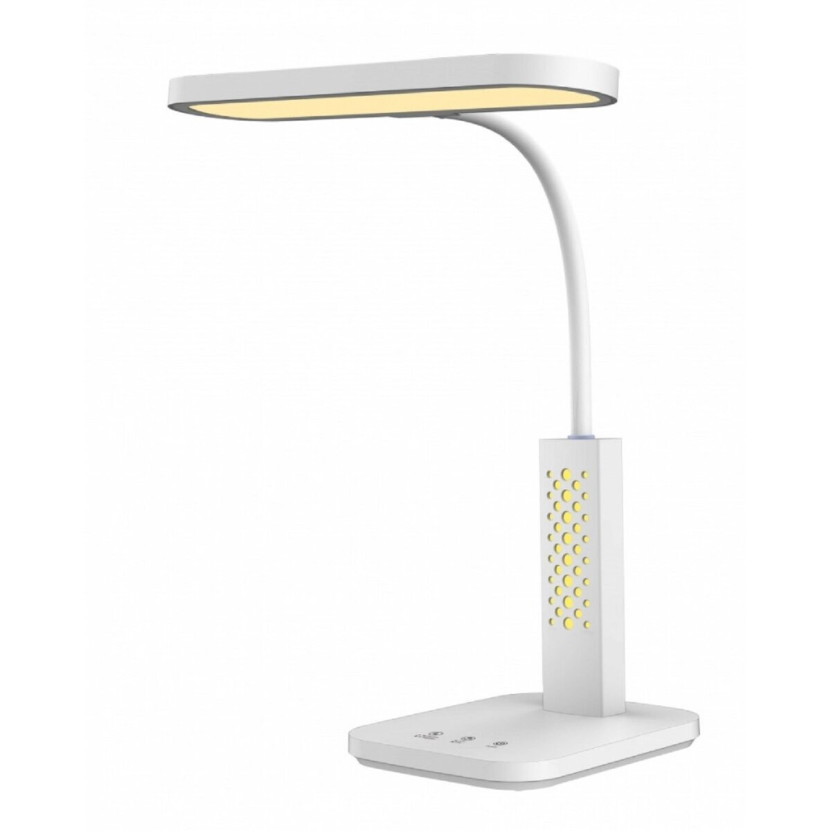 Eine weiße Schreibtischlampe mit gebogenem Arm und rechteckiger Lichtfläche.