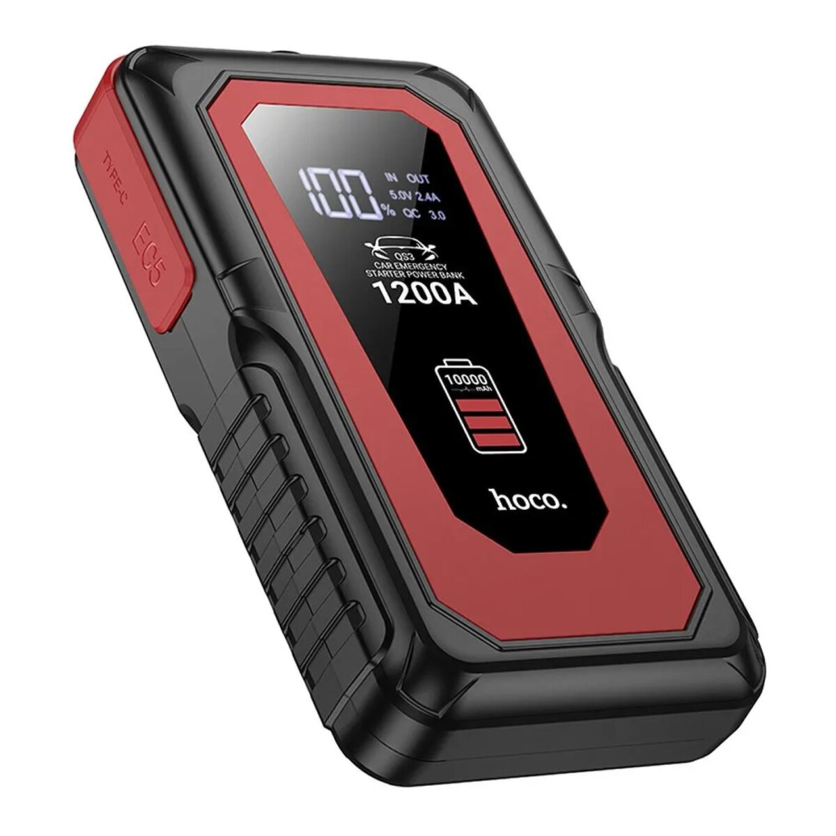 Schwarze und rote Starthilfe Powerbank mit digitaler Anzeige.